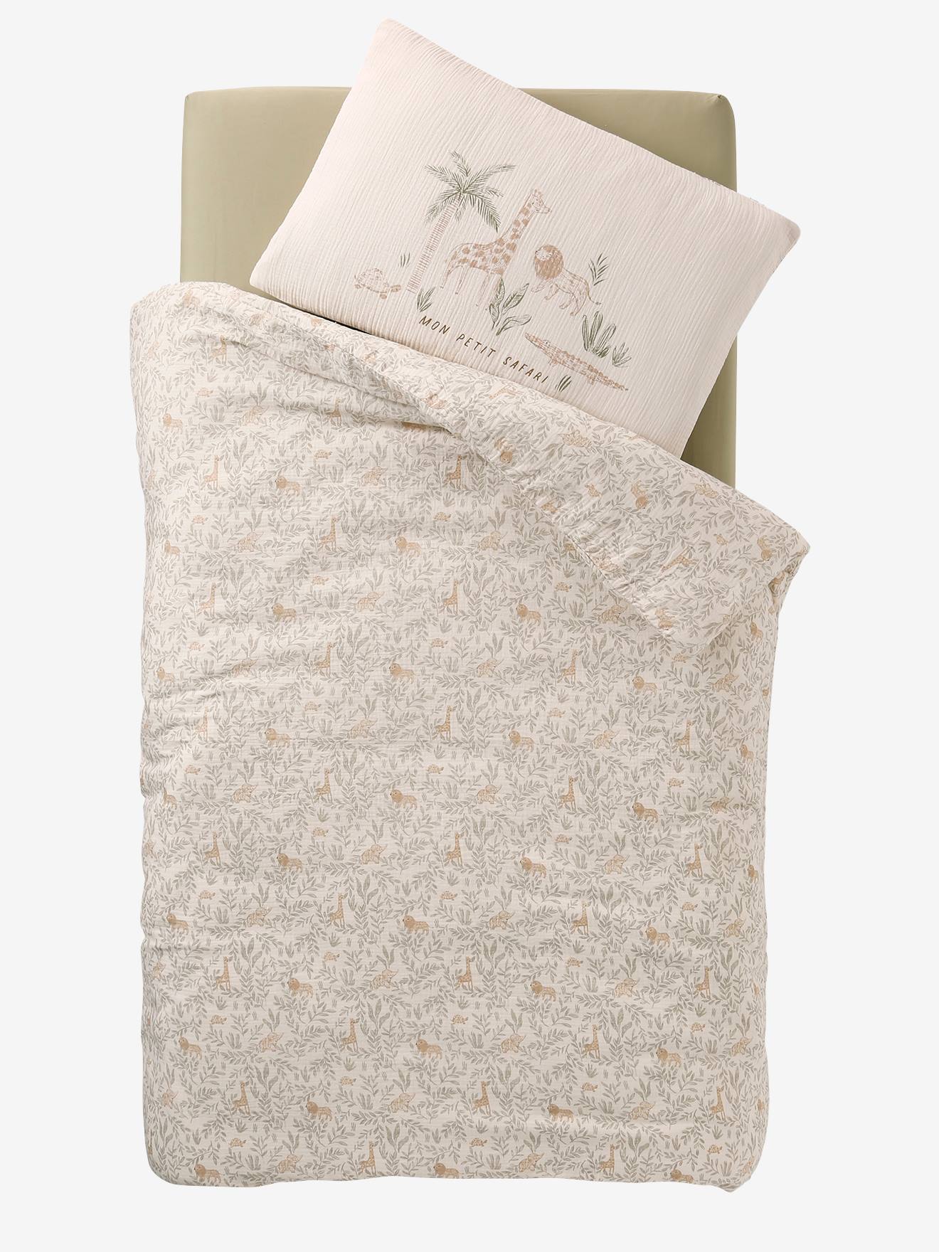Parure housse de couette + taie d'oreiller bébé BABYLON beige imprimé