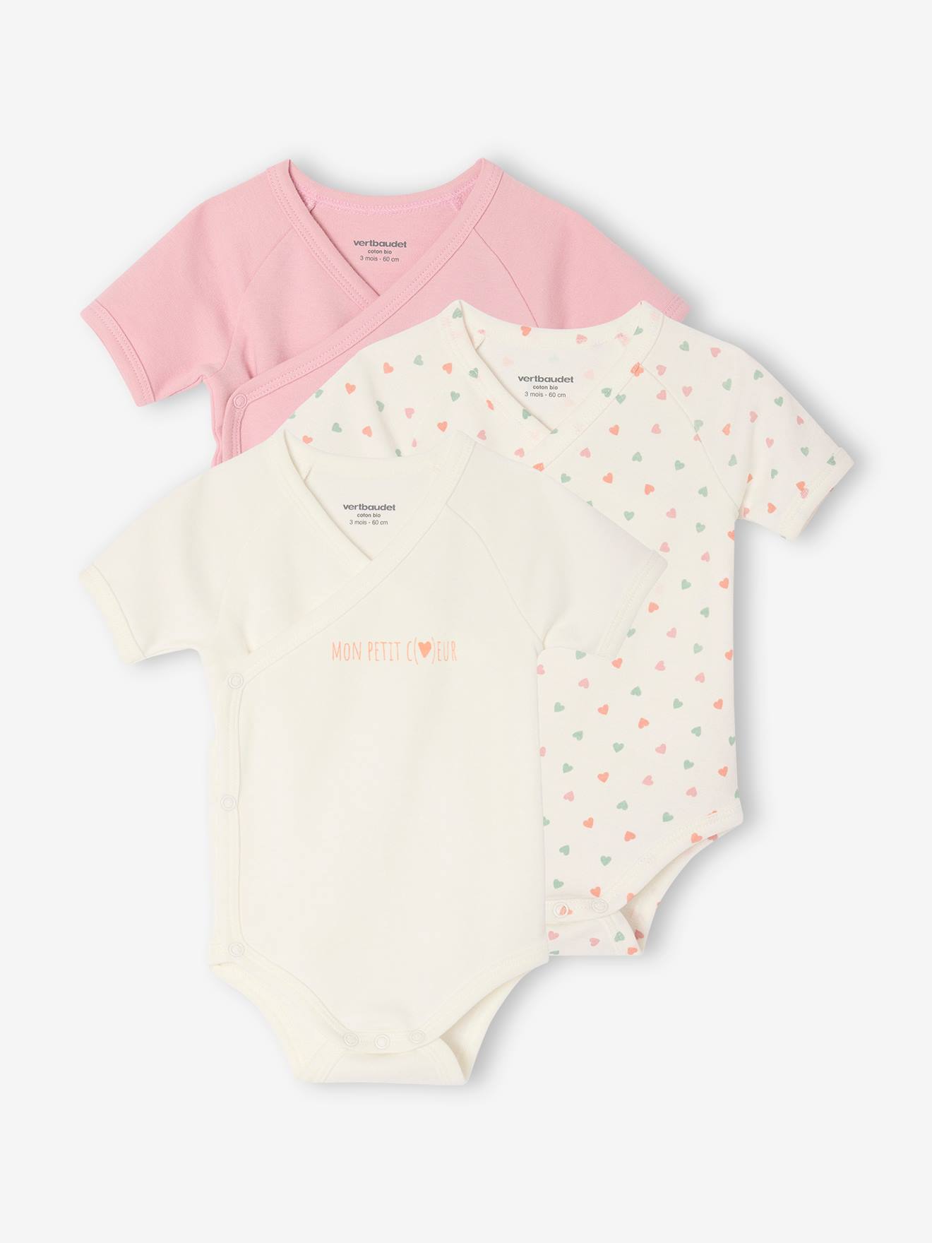 Lot de 3 bodies naissance manches courtes mon petit cœur rose