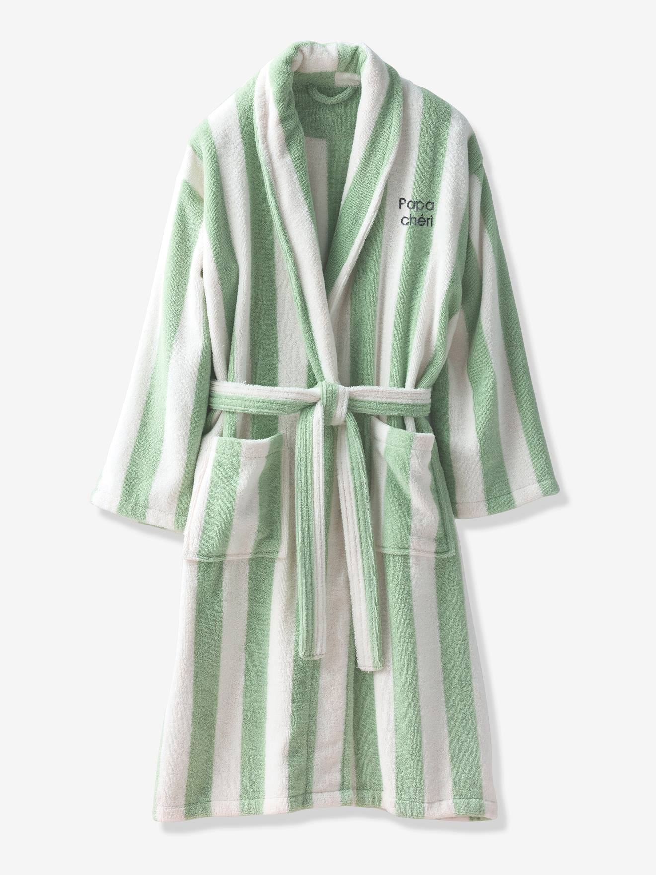 Peignoir de bain adulte mixte rayures TRANSAT capsule famille personnalisable, avec coton recyclé rayé vert