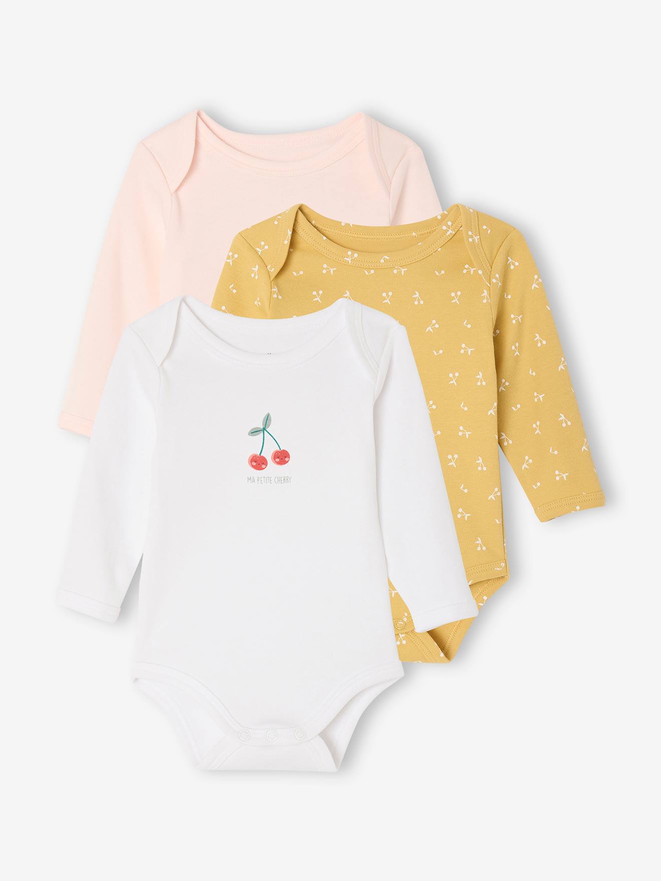 Lot de 3 bodies manches longues à cerises rose pâle