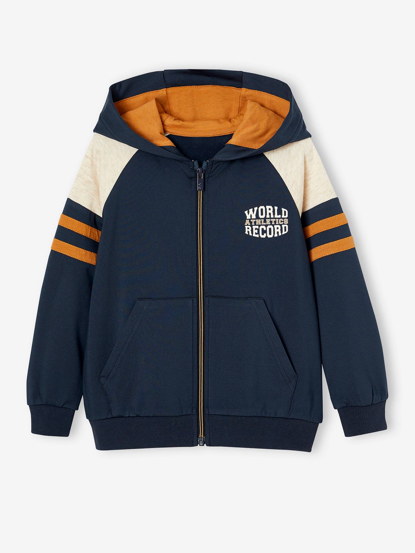 Sweat garçon zippé à capuche sport manches raglan noix de pécan