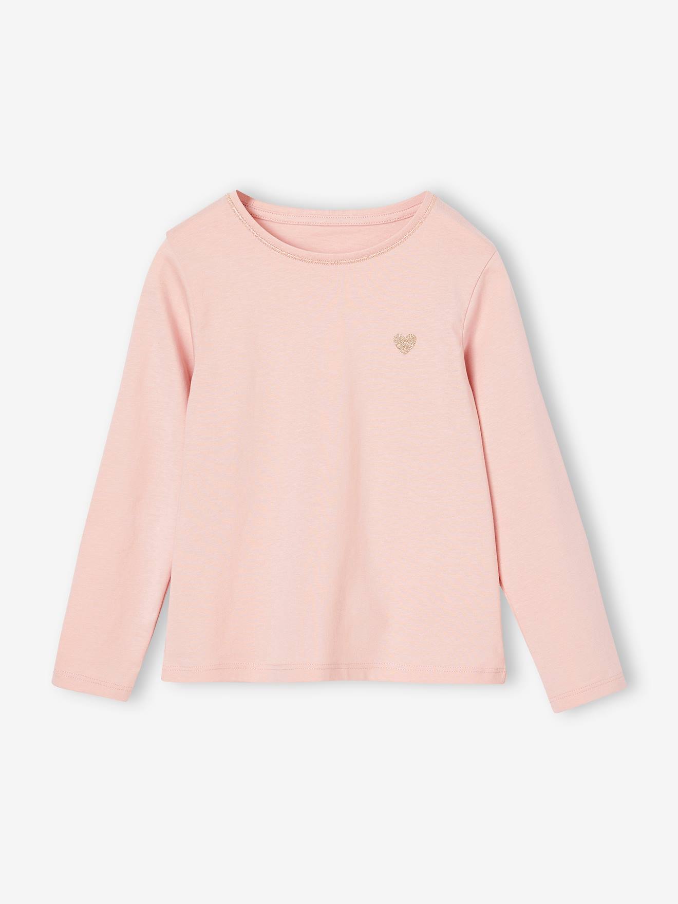 T-shirt Basics coeur pailleté manches longues fille rose poudré