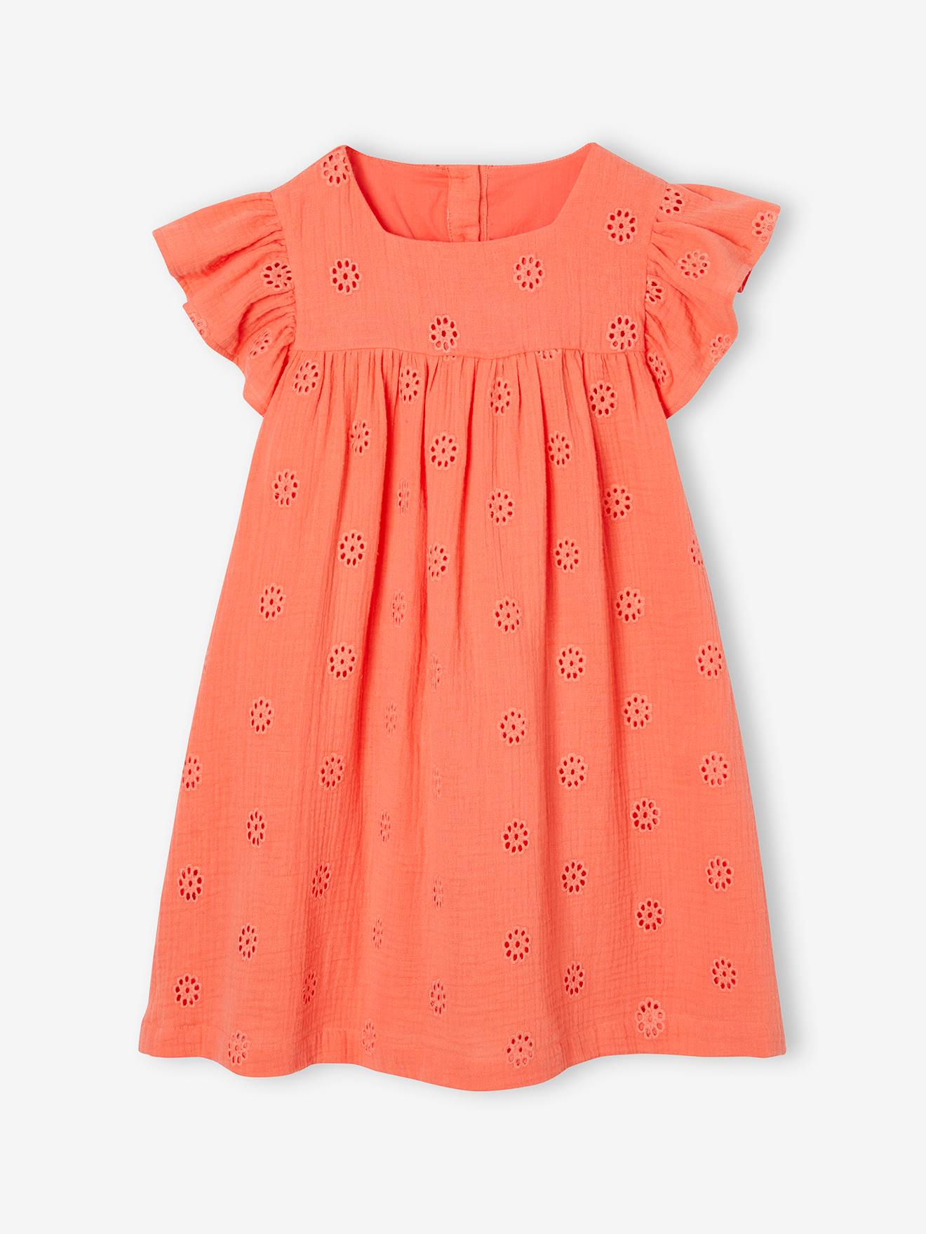Robe fille gaze de coton brodée fleurs corail