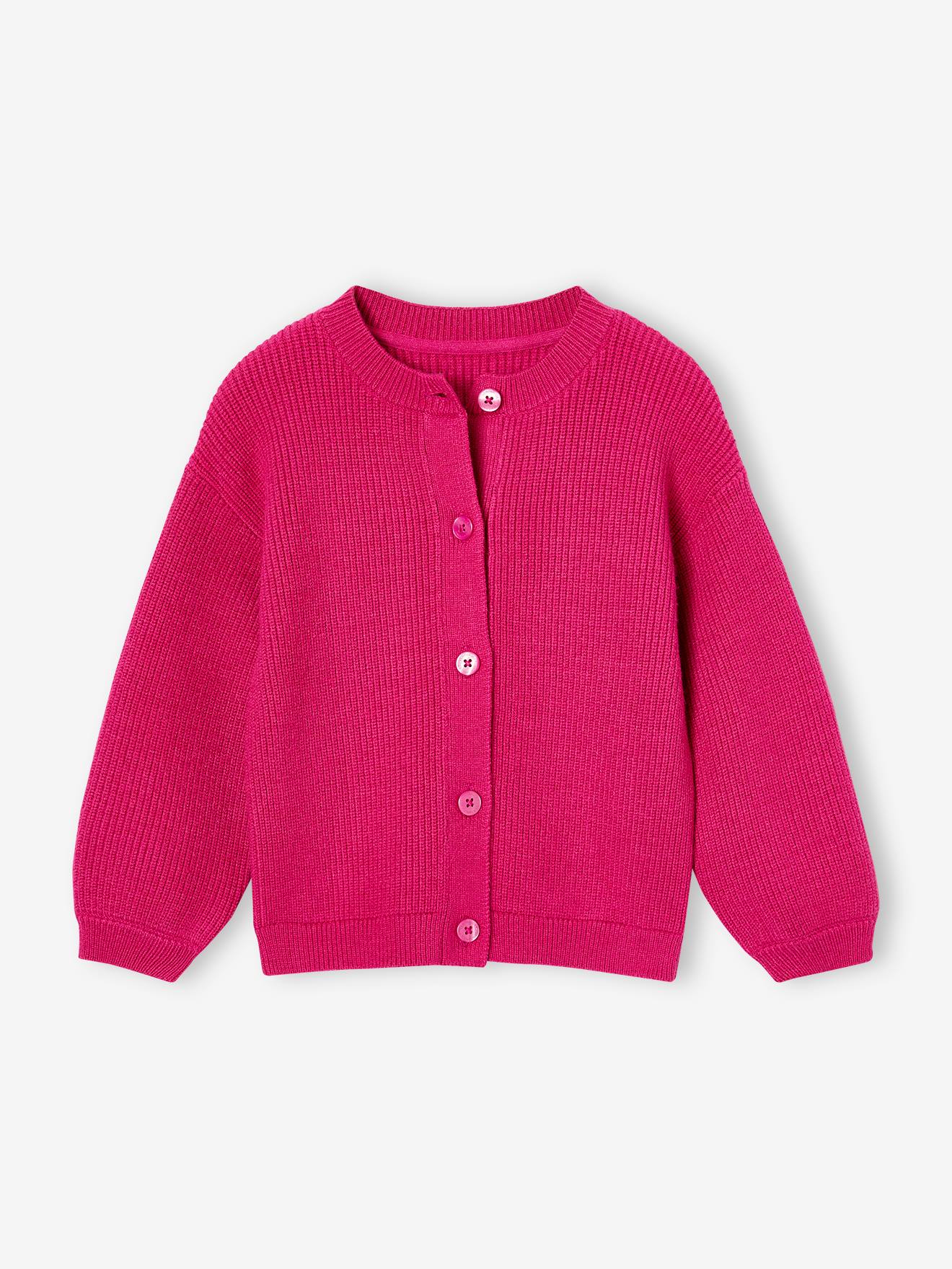 Gilet fille en côtes perlée fuchsia