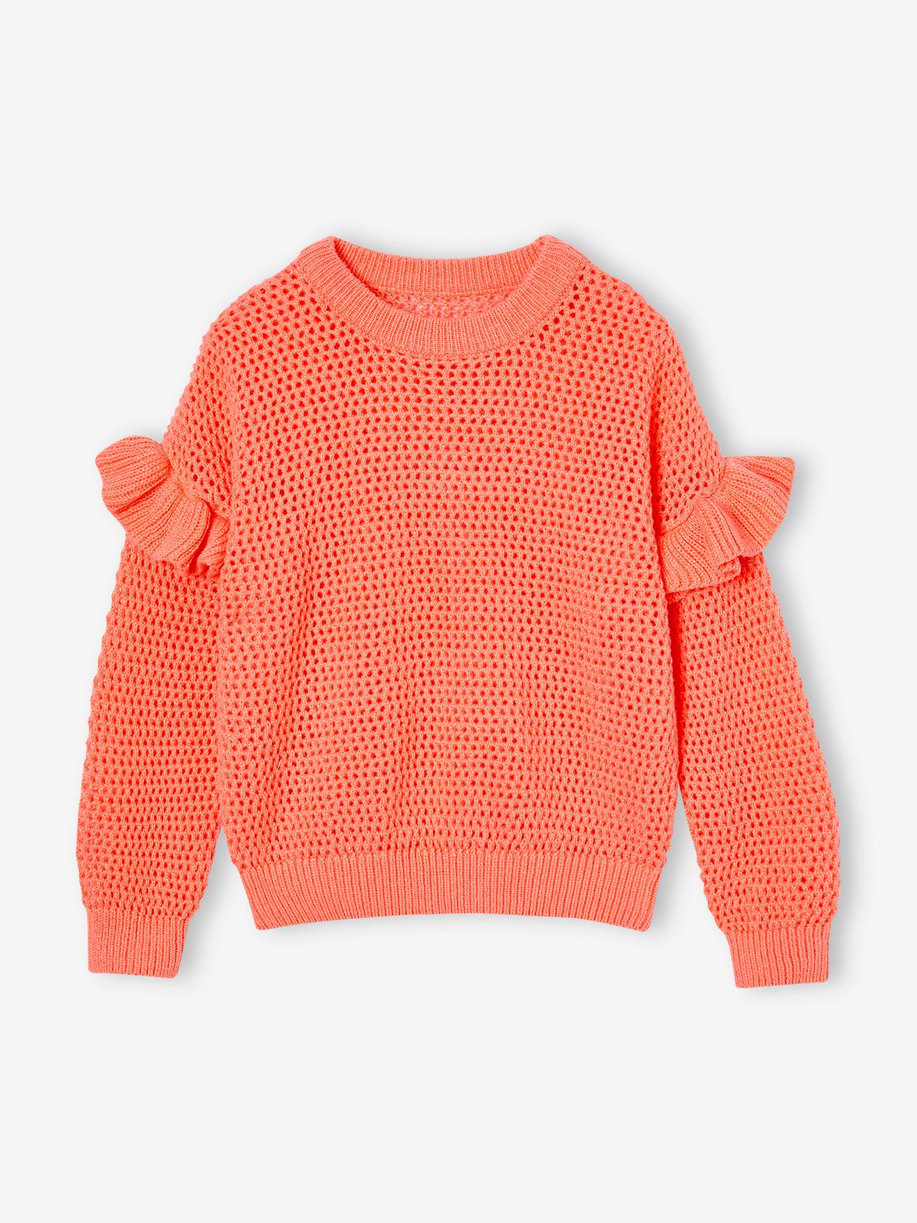 Pull à volants en maille fantaisie fille corail
