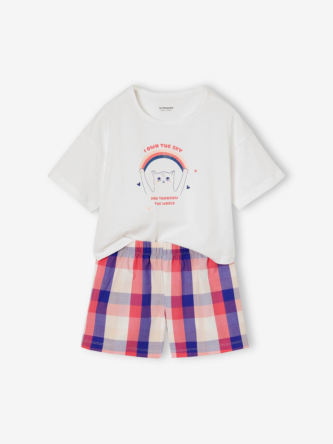 Pyjashort chat en popeline fille blanc