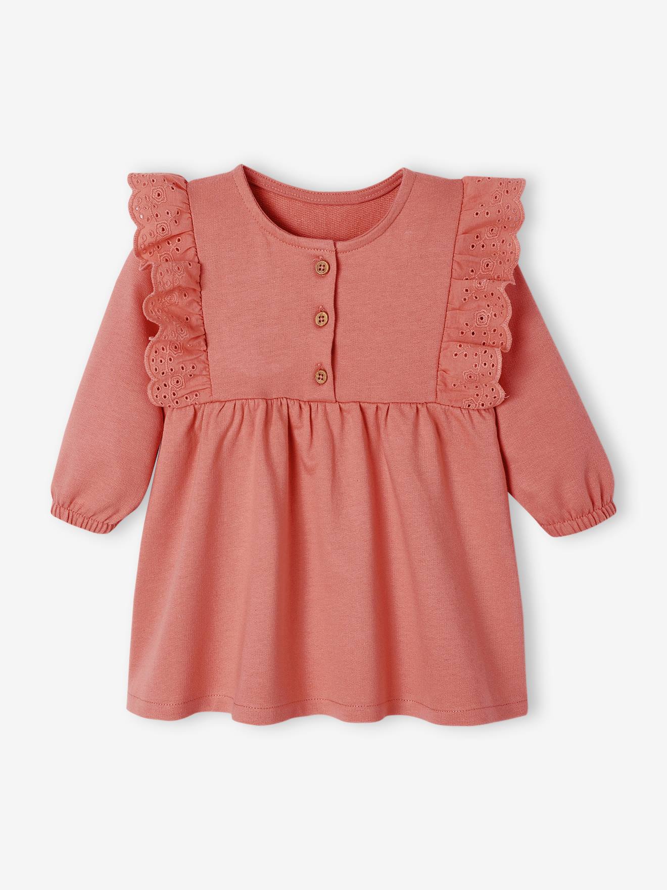 Robe en molleton bébé volant en broderie anglaise rose
