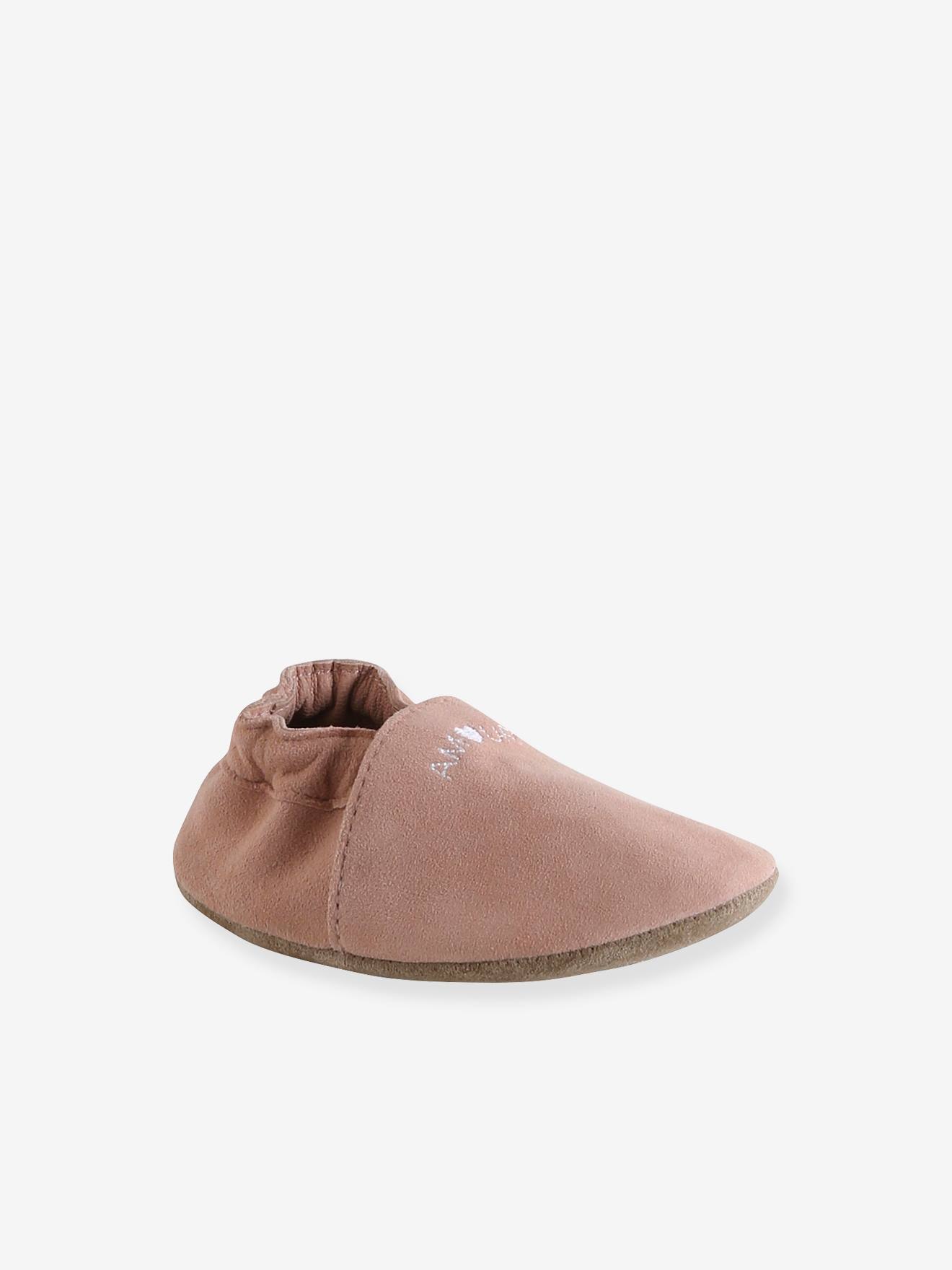Chaussons élastiqués en cuir souple bébé rose poudré