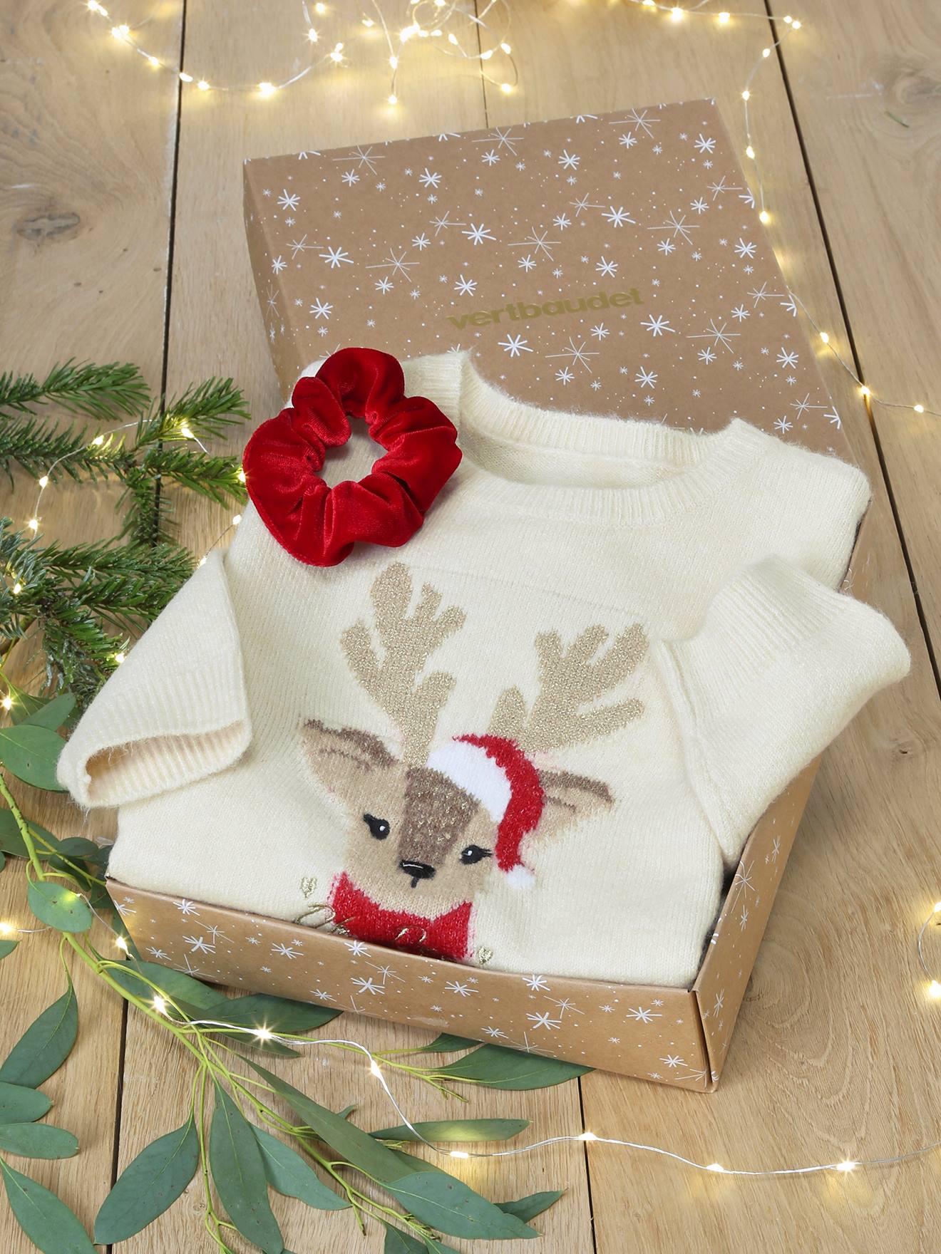 Coffret de Noël pull jacquard motif animal + accessoire fille écru