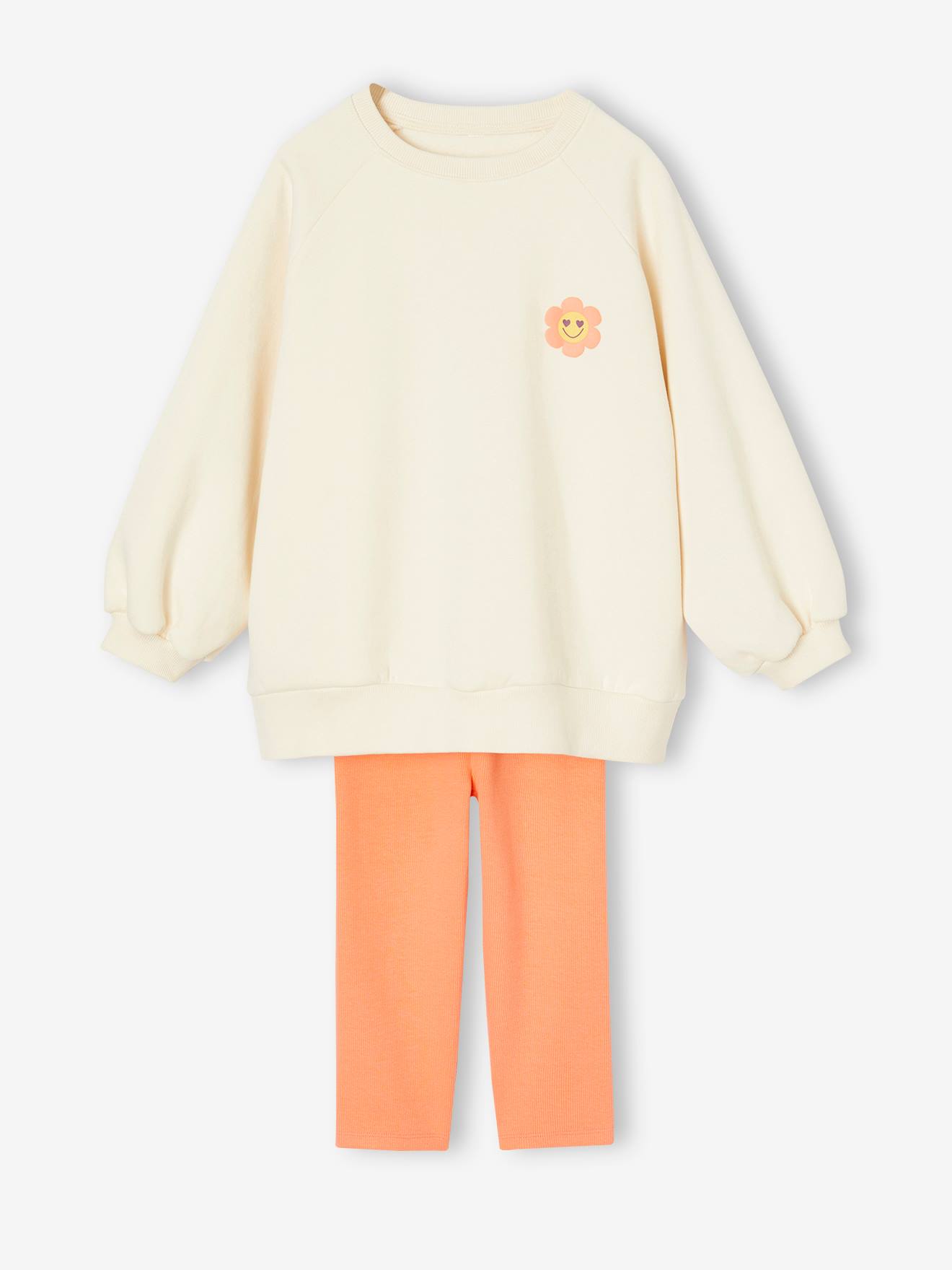 Ensemble robe-sweat motifs fleurs + corsaire fille écru