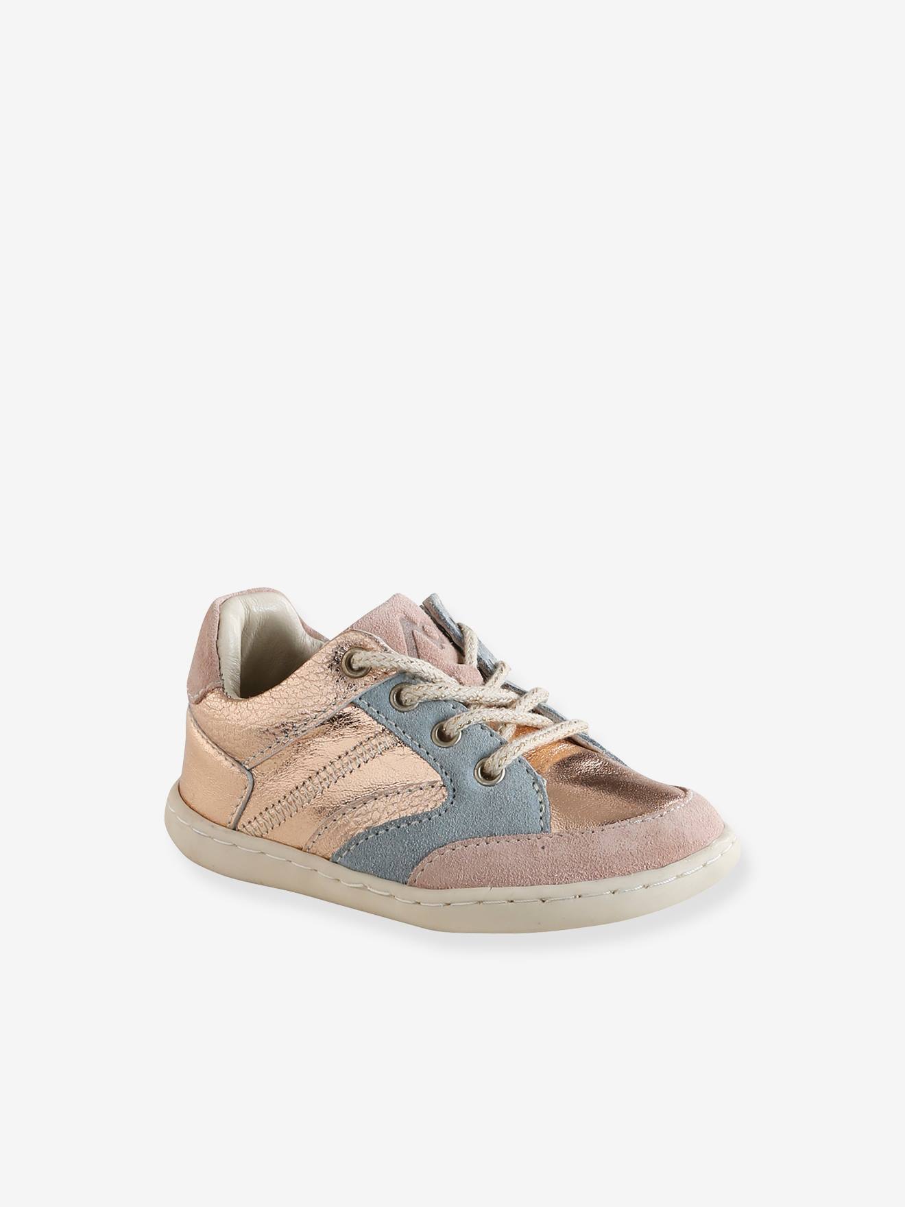 Baskets lacées et zippées cuir souple bébé premiers pas multicolore