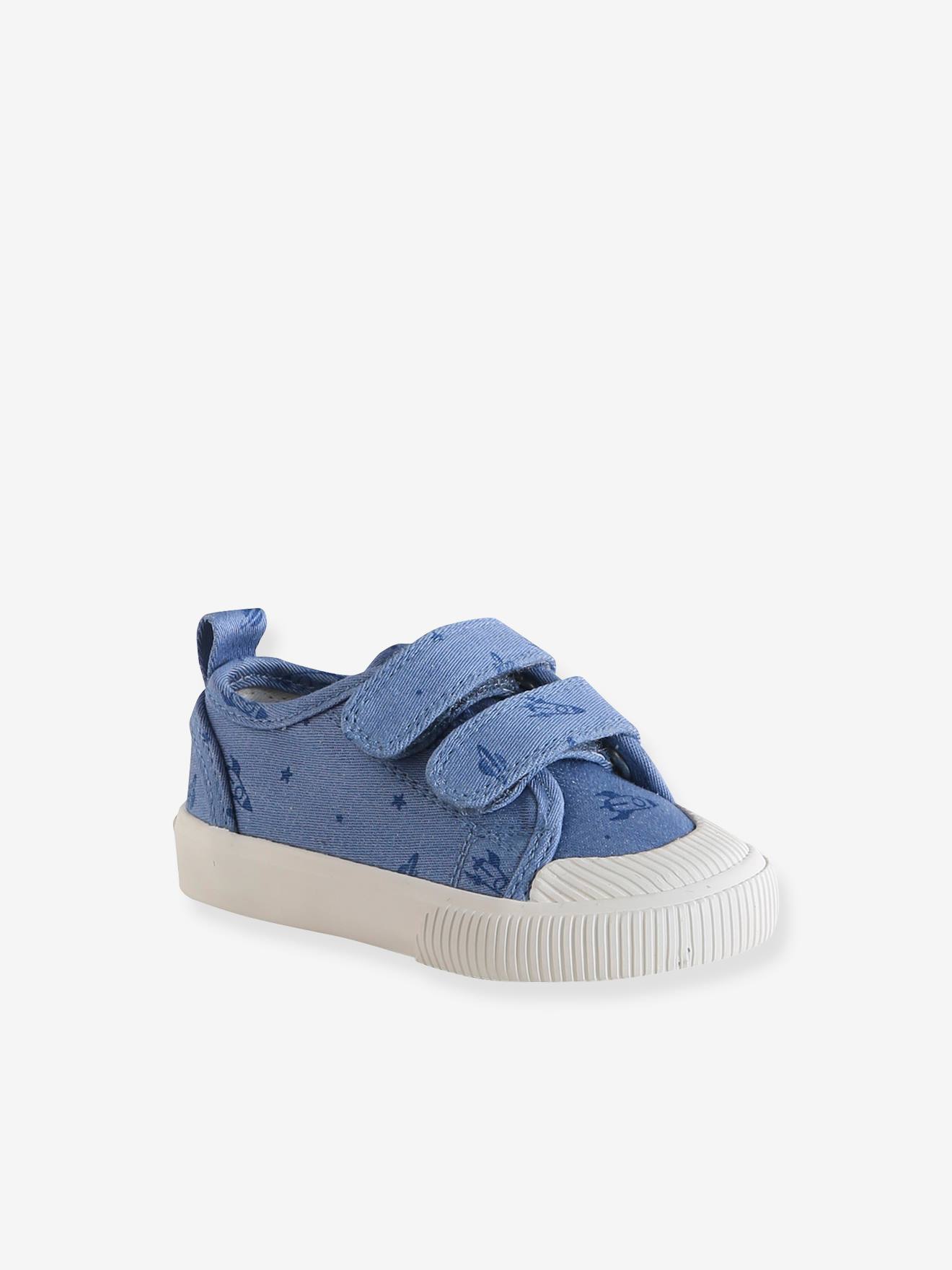 Baskets scratchées textile imprimé bébé bleu chambray