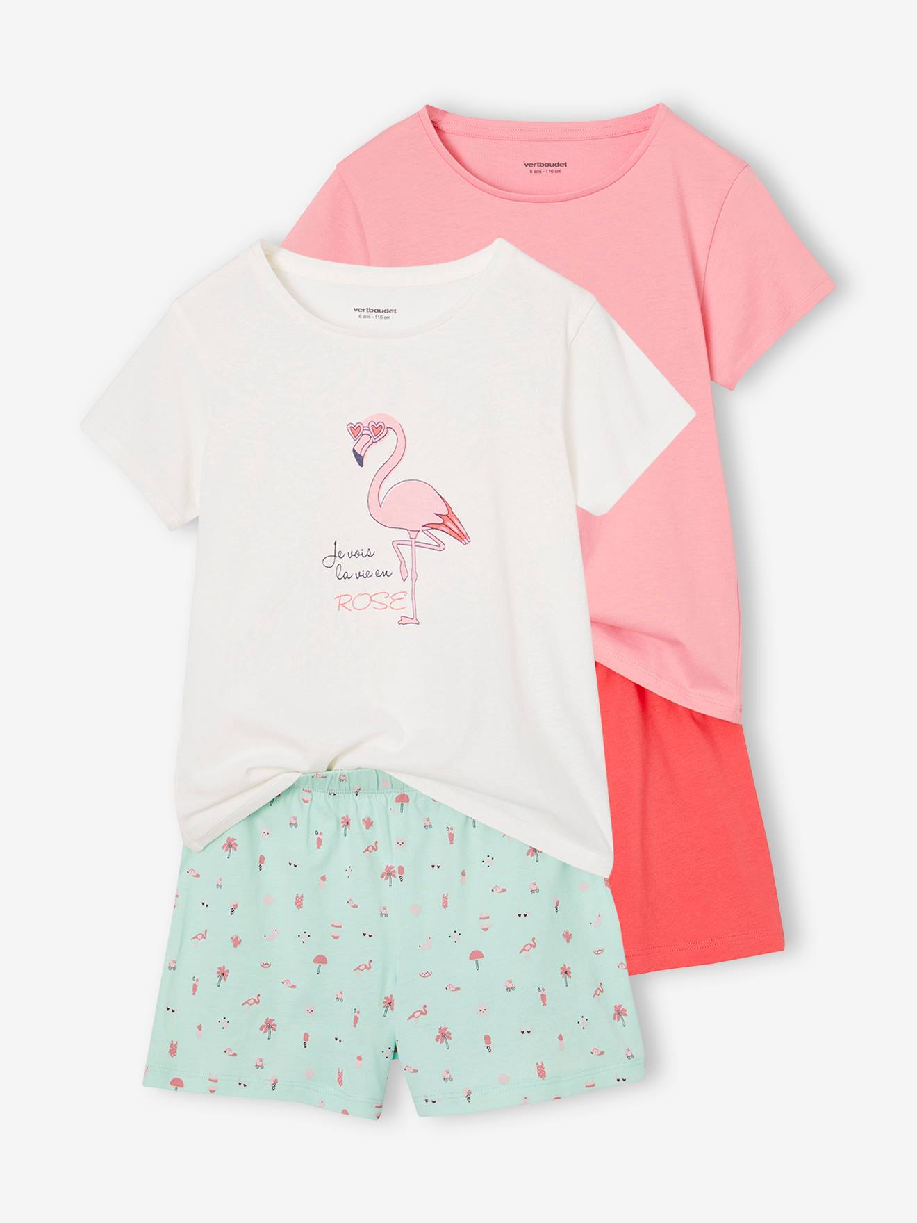 Lot 2 pyjashorts fille 1 motif arc-en-ciel + 1 motif flamant rose turquoise