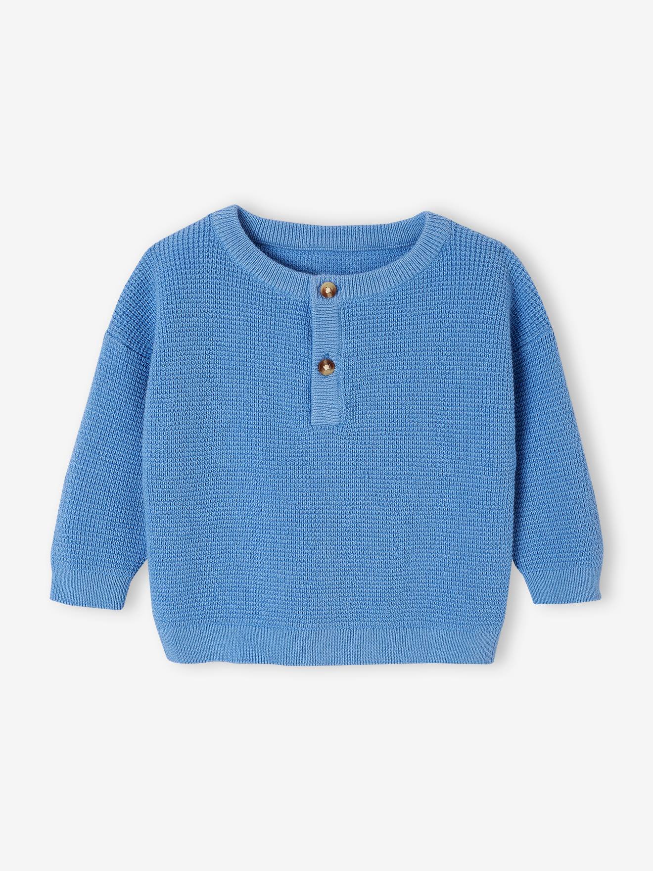 Pull en maille nid d'abeille bébé encolure tunisienne bleu