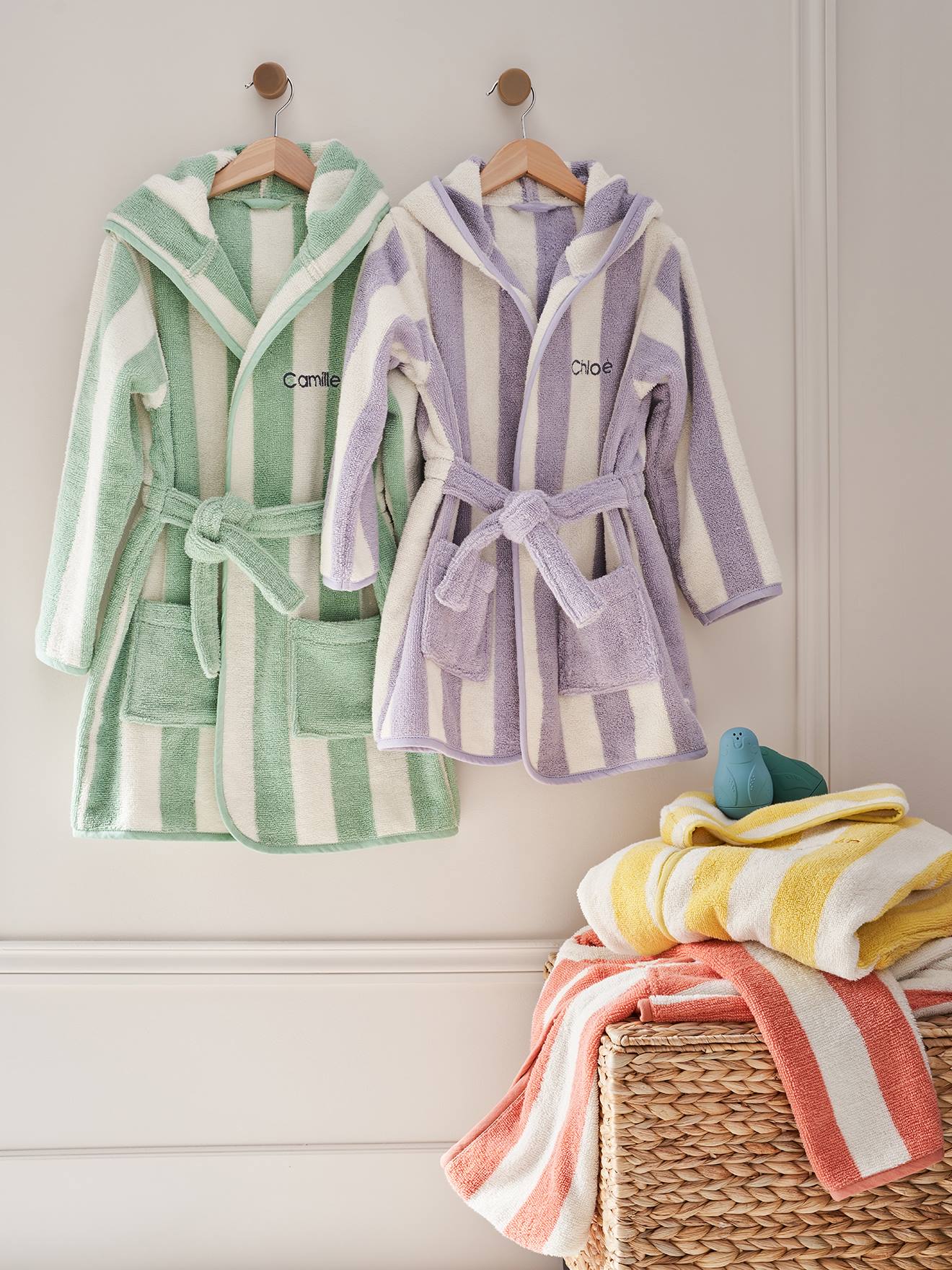 Peignoir de bain adulte mixte rayures TRANSAT capsule famille personnalisable avec coton recycl ray rose 50$