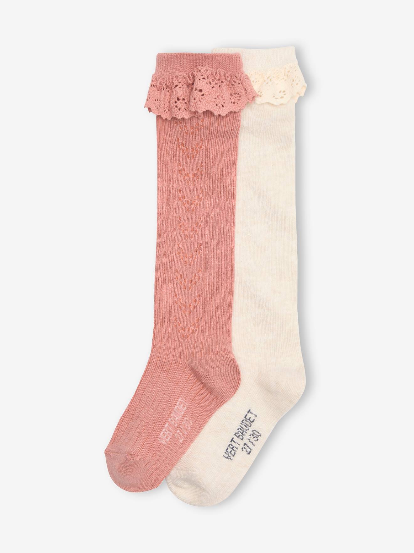 Lot de 2 paires de chaussettes hautes en maille ajourée et dentelle fille blush + écru