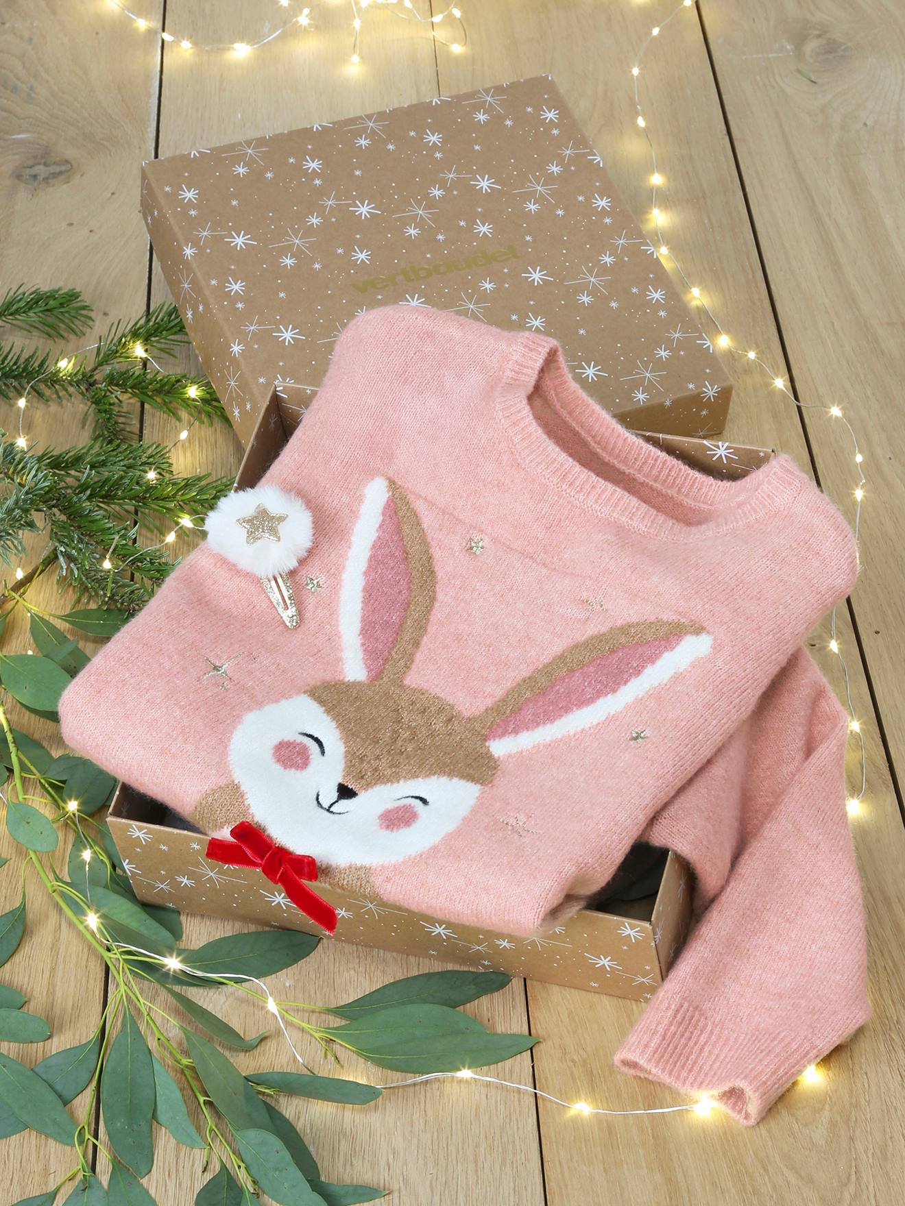 Coffret de Noël pull jacquard motif animal + accessoire fille rose poudré