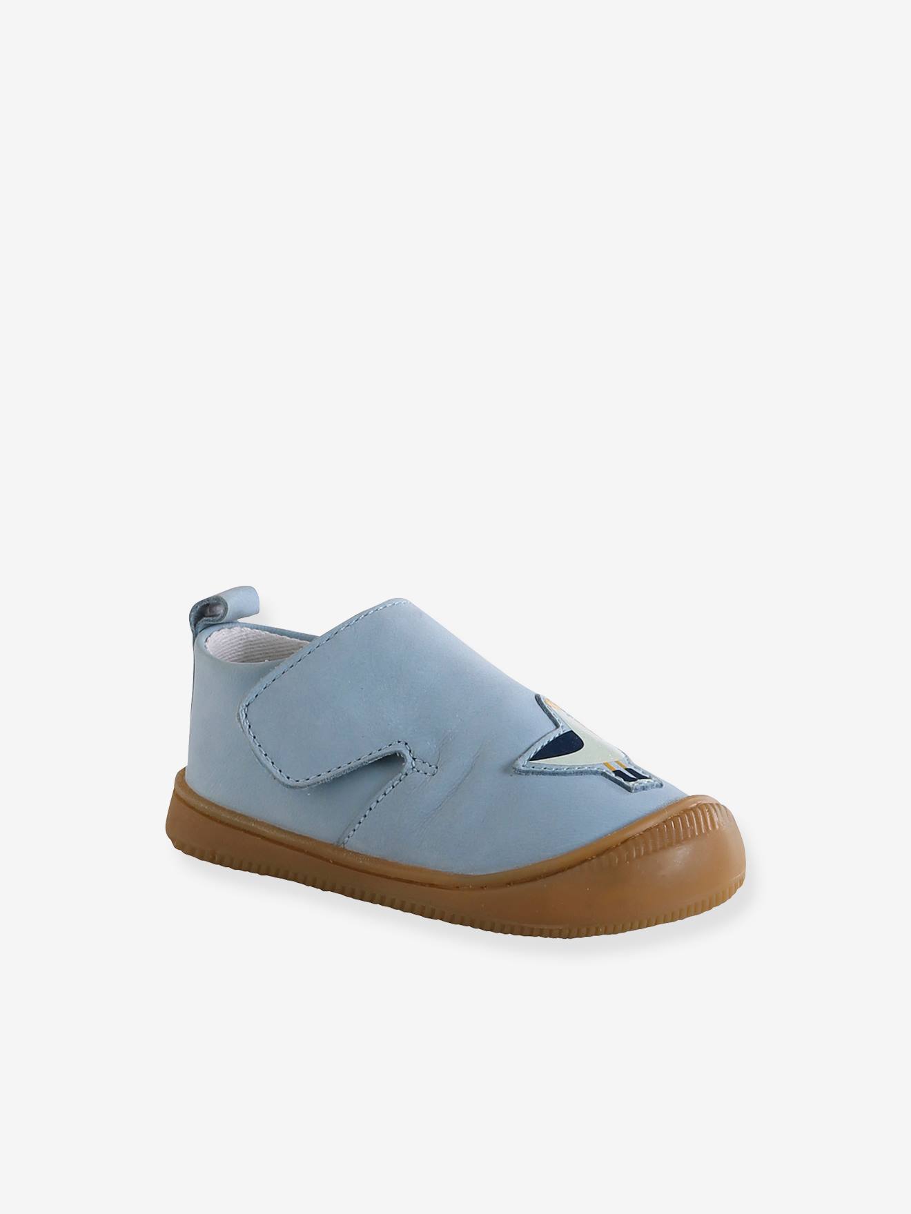 Chaussons scratchés bébé en cuir souple bleu pâle
