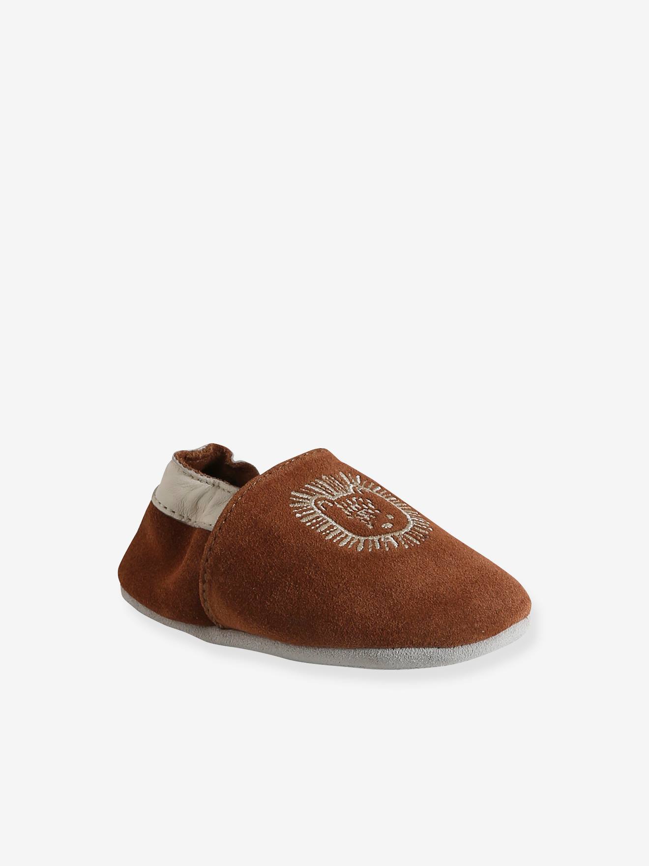 Chaussons élastiqués en cuir souple bébé marron imprimé