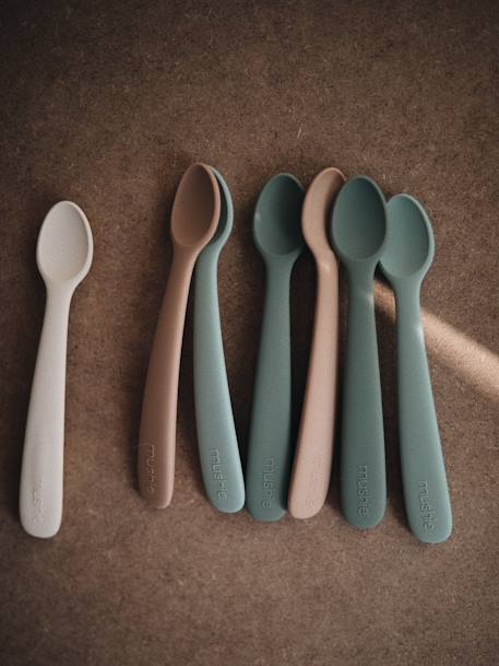 Mushie - Lot de 2 cuillères 1er âge en silicone beige + vert
