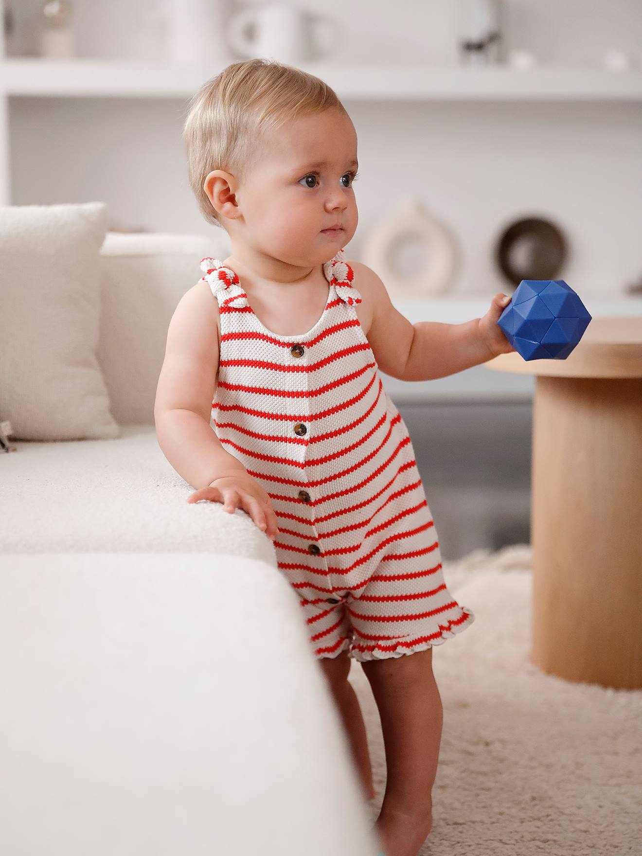 Combishort en jersey effet tricot bébé rayé rouge
