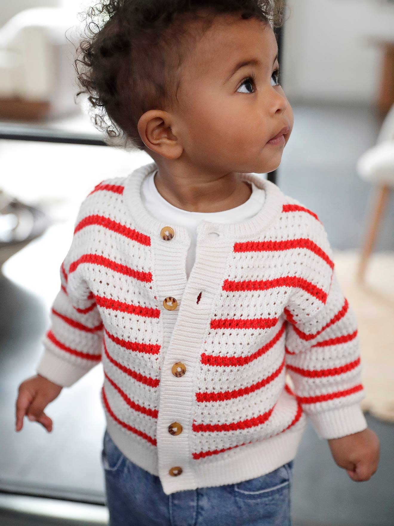 Gilet maille ajourée bébé rayé rouge