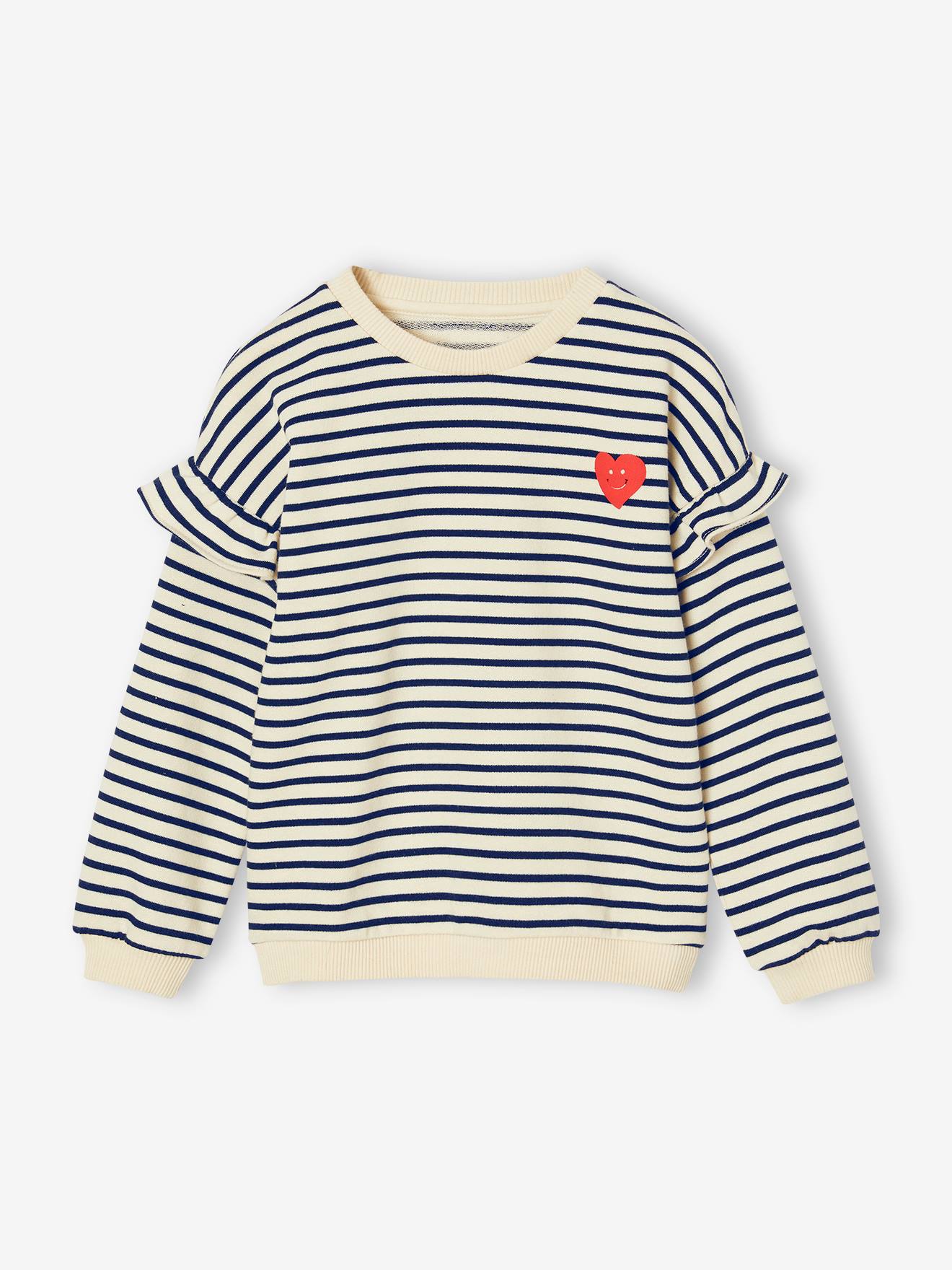 Sweat rayé fille manches à volants marine