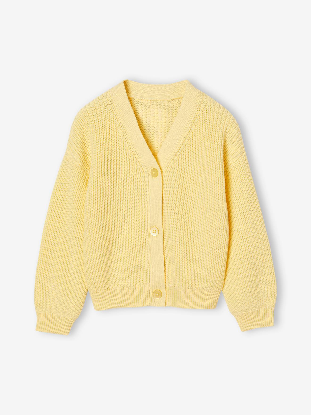 Gilet fille en côte perlée jaune pâle