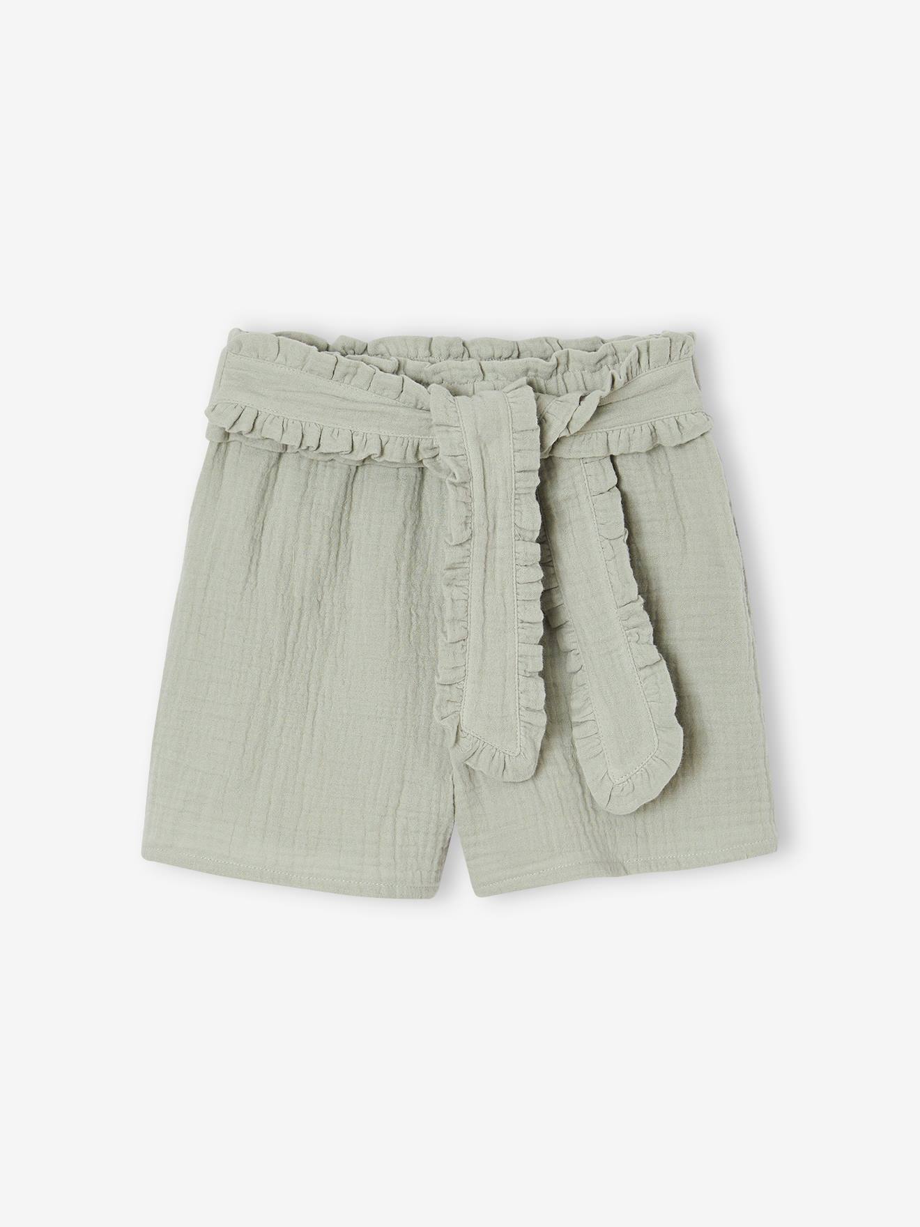Short en gaze de coton avec ceinture fantaisie fille vert sauge