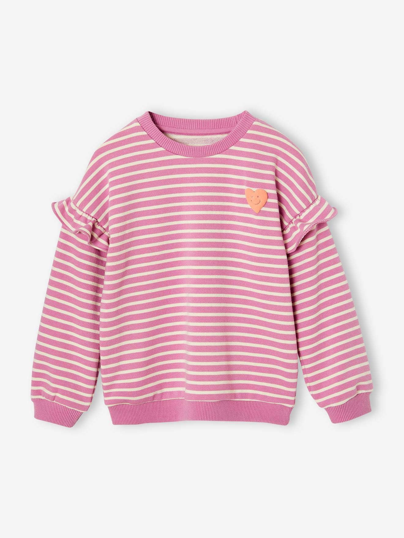 Sweat rayé fille manches à volants violet
