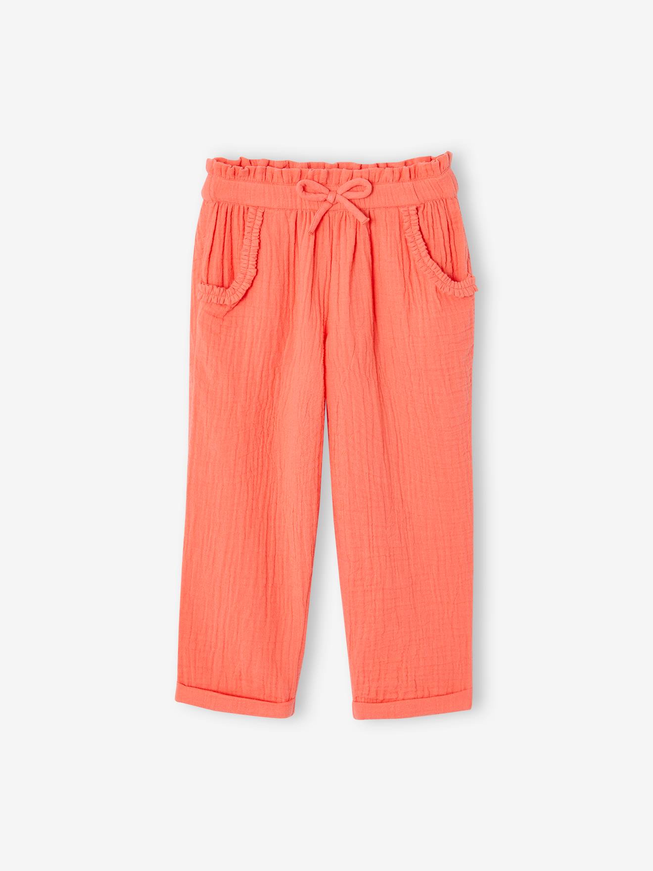 Pantacourt en gaze de coton fille corail