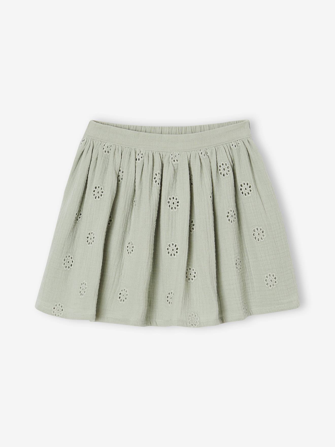 Jupe en broderie anglaise fille gaze de coton vert sauge