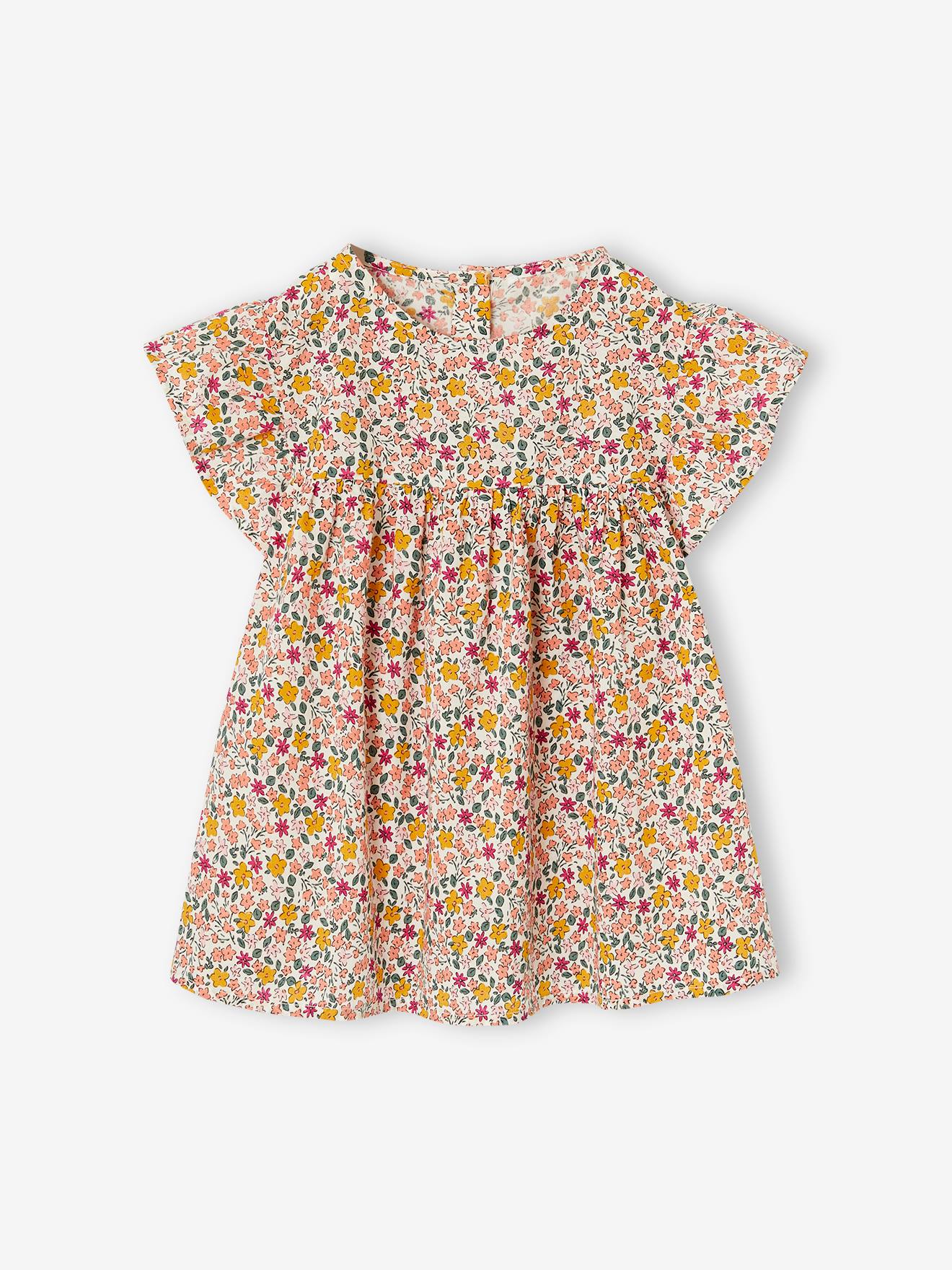 Blouse imprimée fille manches courtes à volants écru