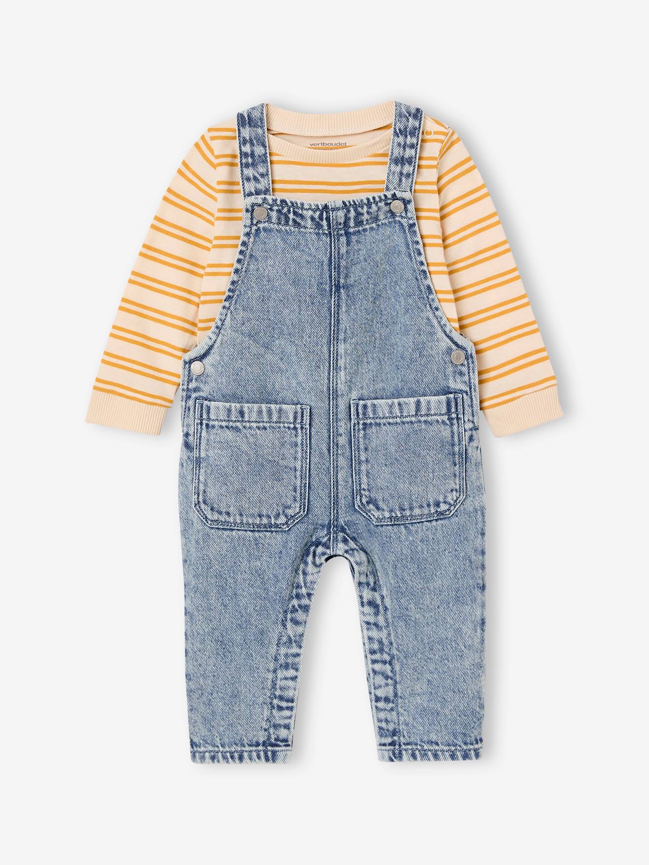 Ensemble tee-shirt rayé et salopetteen jean bébé double stone