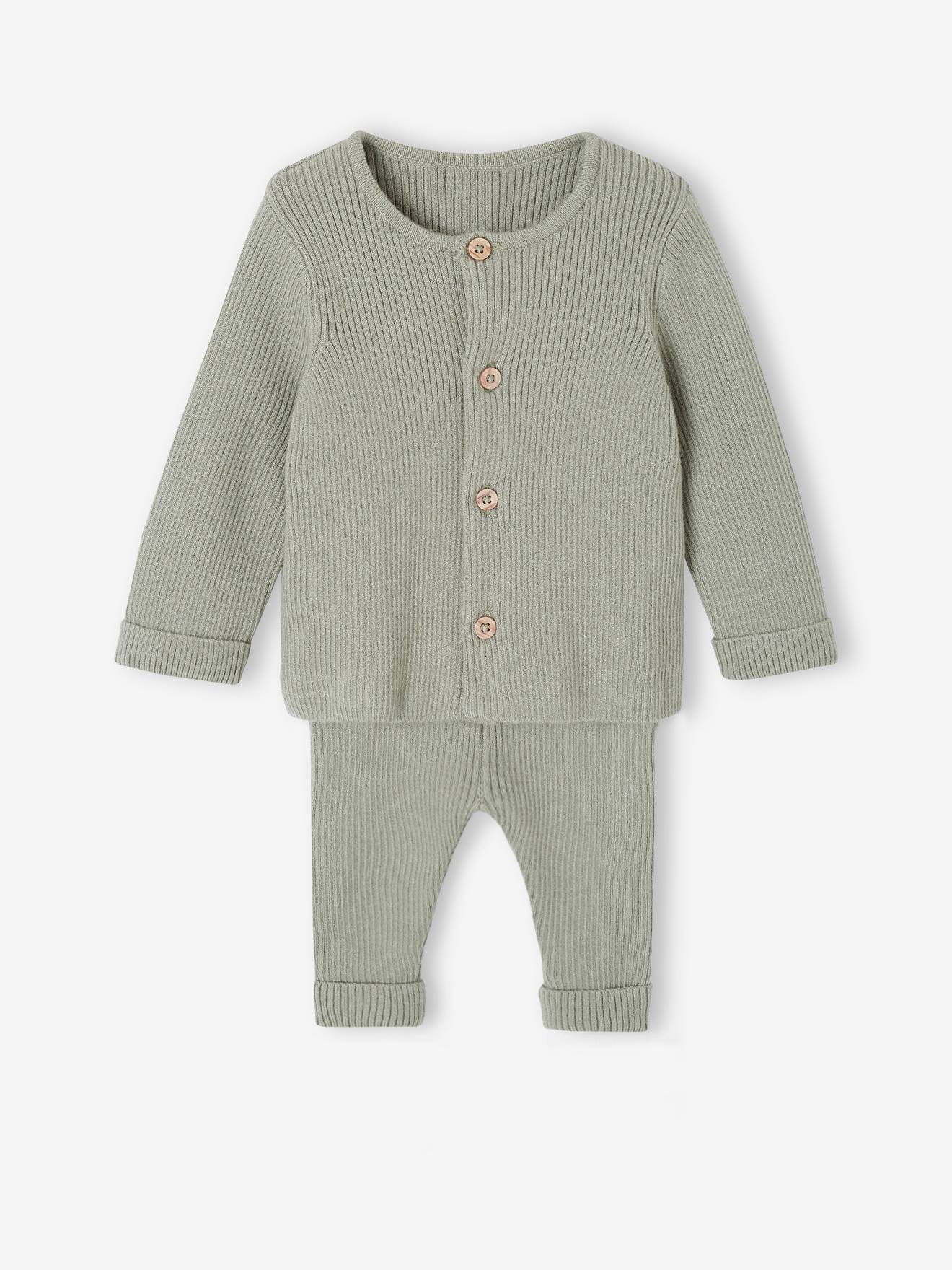 Ensemble mixte en tricot gilet et pantalon bébé vert sauge