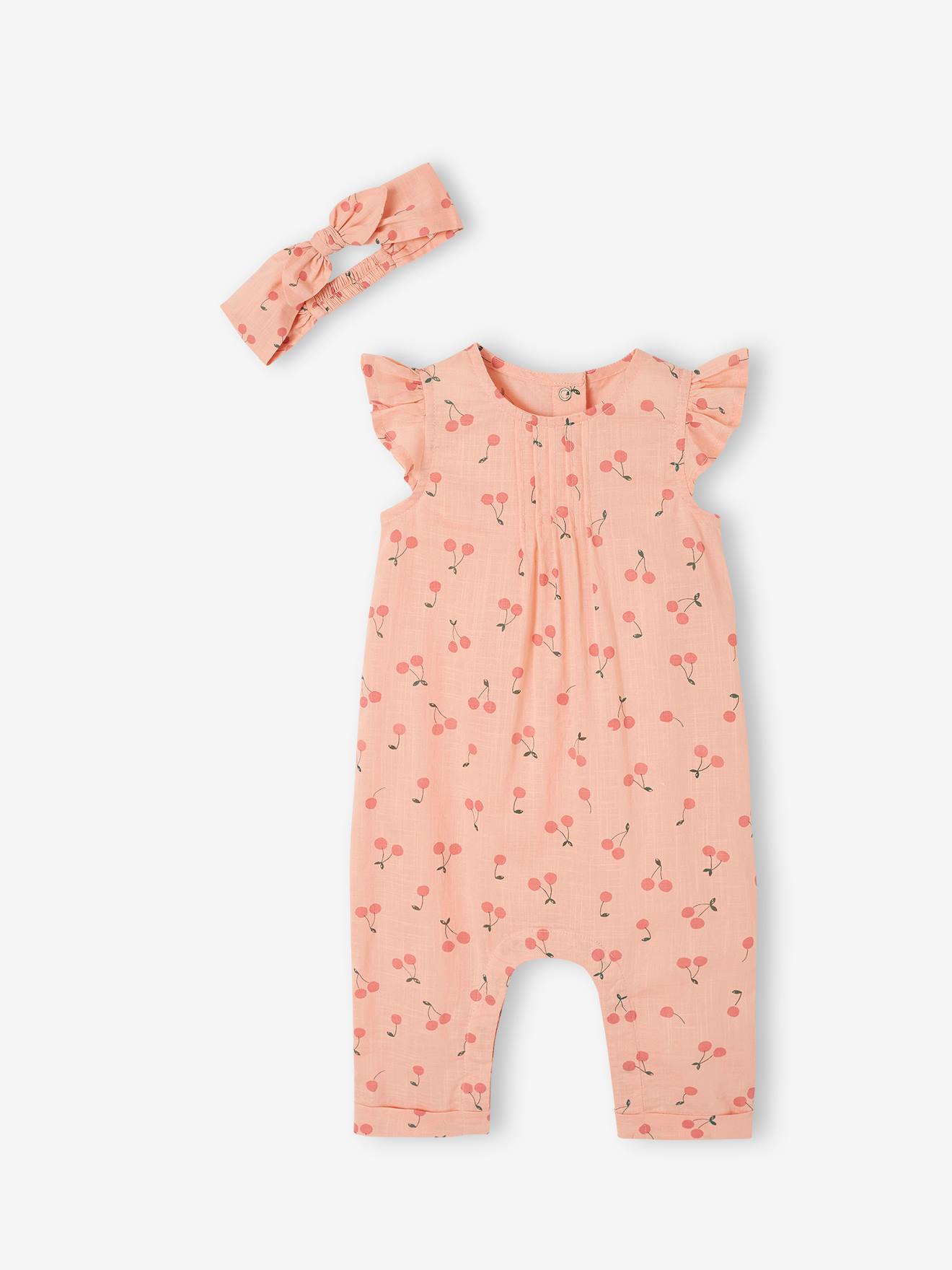 Ensemble bébé fille combinaison + bandeau imprimés rose pâle
