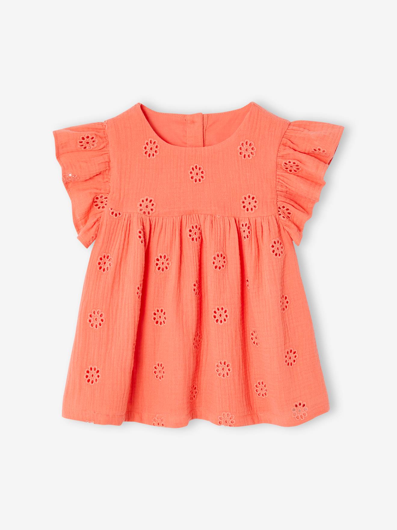 Blouse en gaze de coton brodée fille corail
