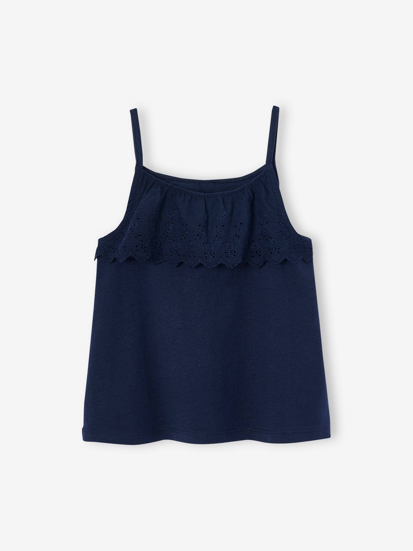 Débardeur fille fines bretelles avec volants brodés marine