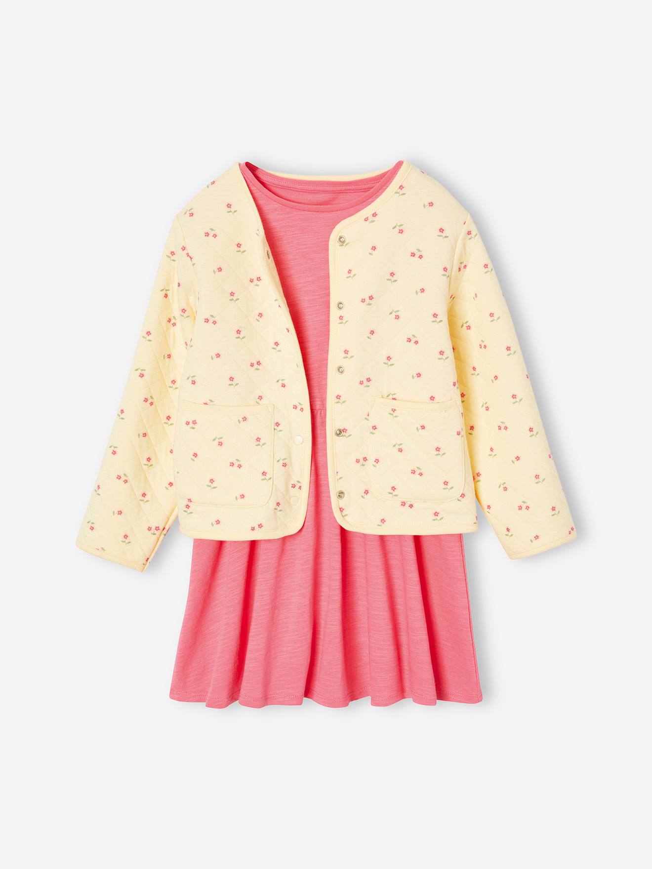 Ensemble veste matelassée imprimée fleurs + robe fille rose