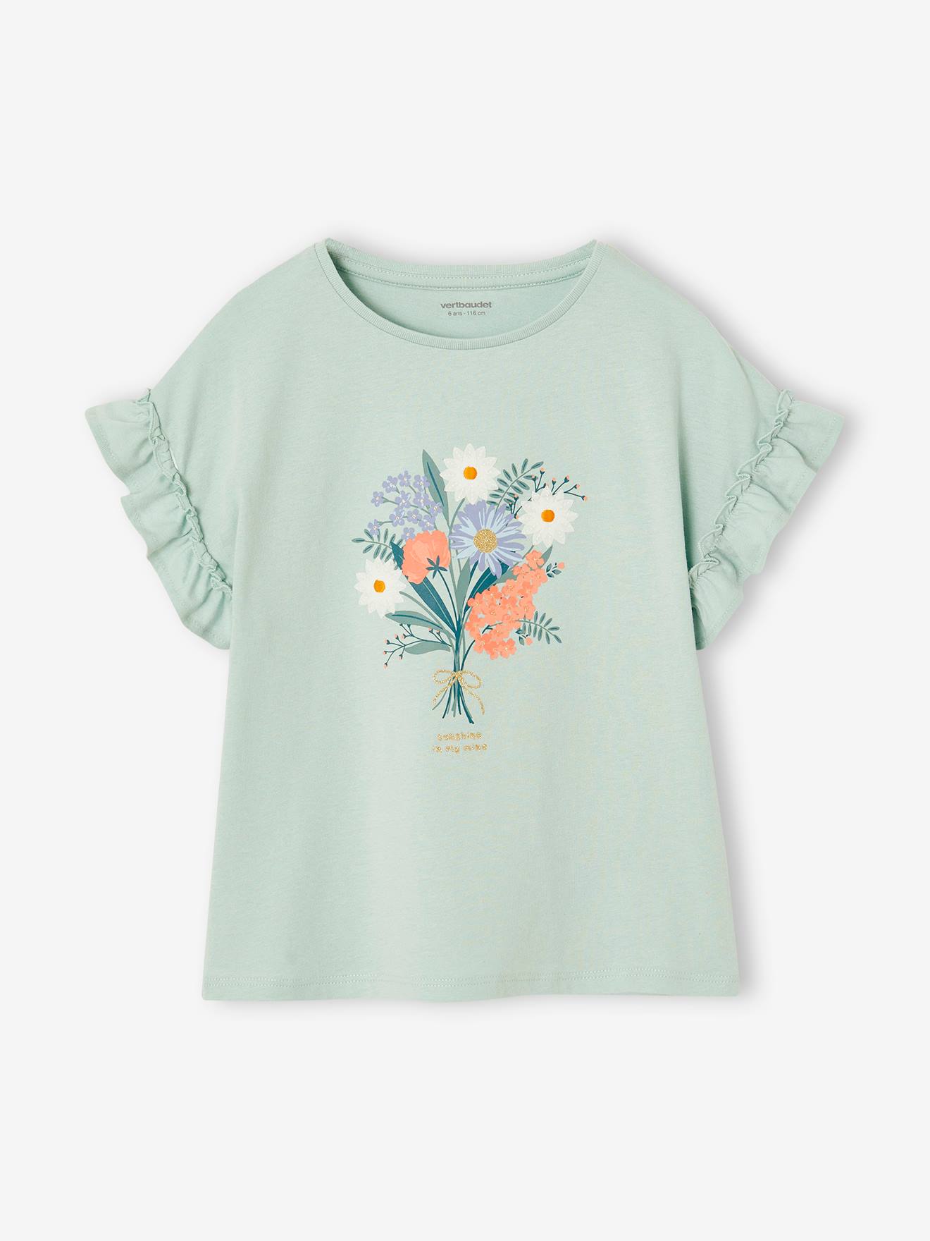 T-shirt à motif irisé fille manches courtes volantées bleu ciel