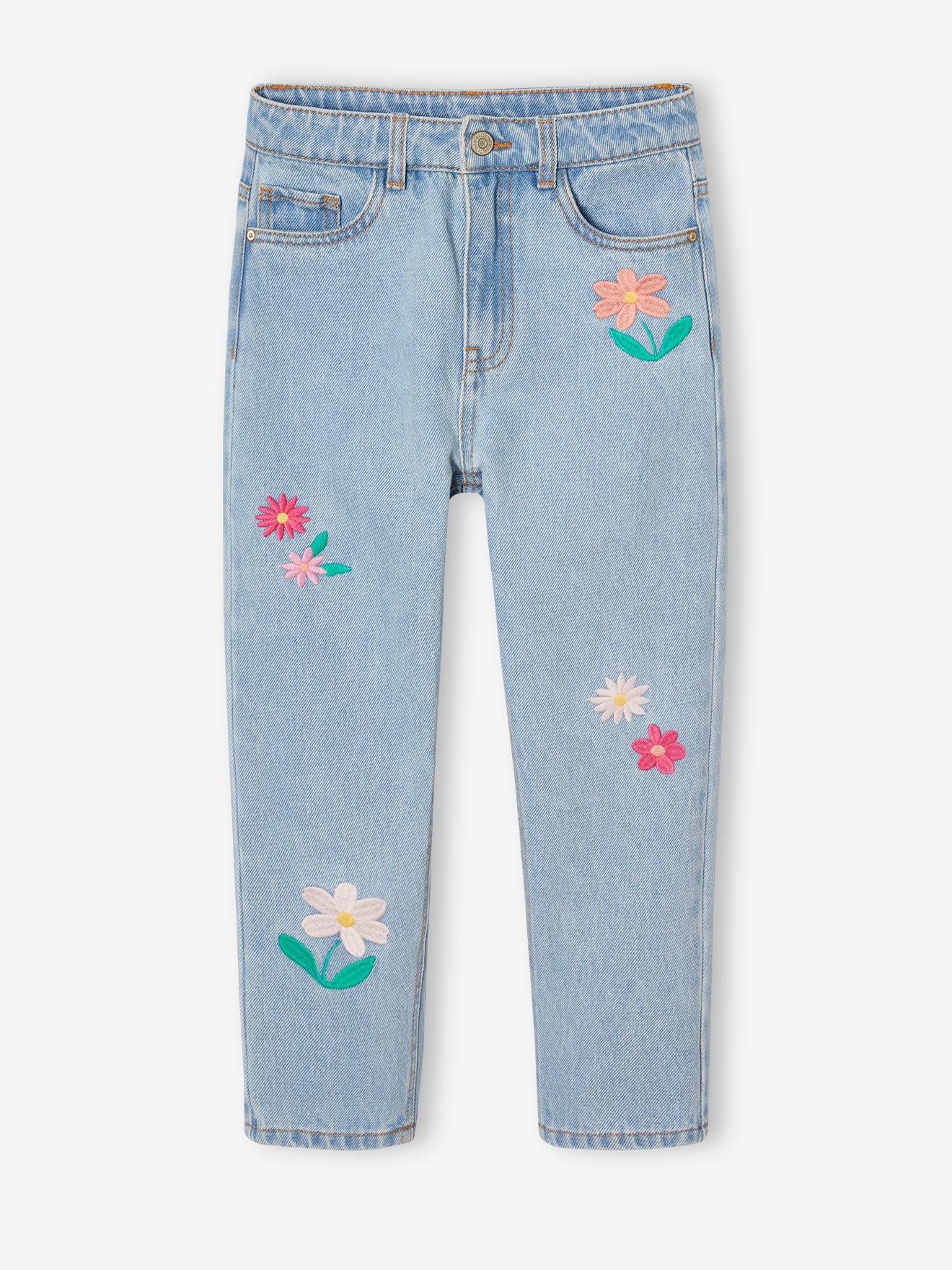 Jean Mom brodé fleurs fille bleu clair