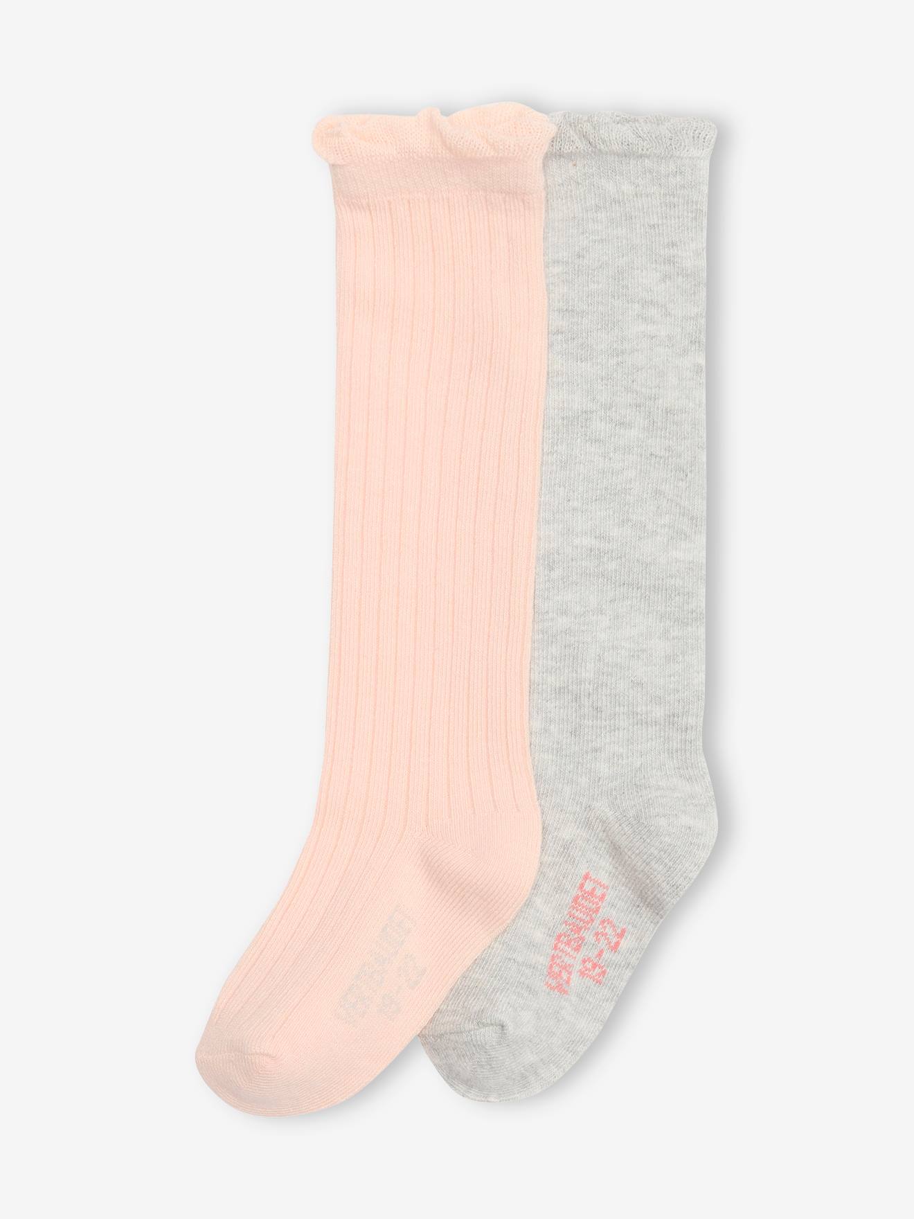 Lot de 2 paires de chaussettes hautes bébé rose poudré + gris chiné