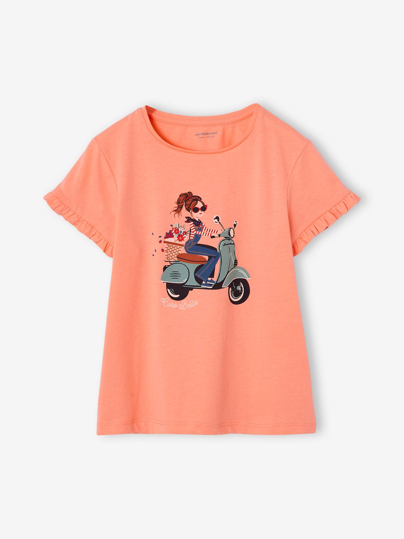 Tee-shirt Egérie fille manches courtes volantées corail
