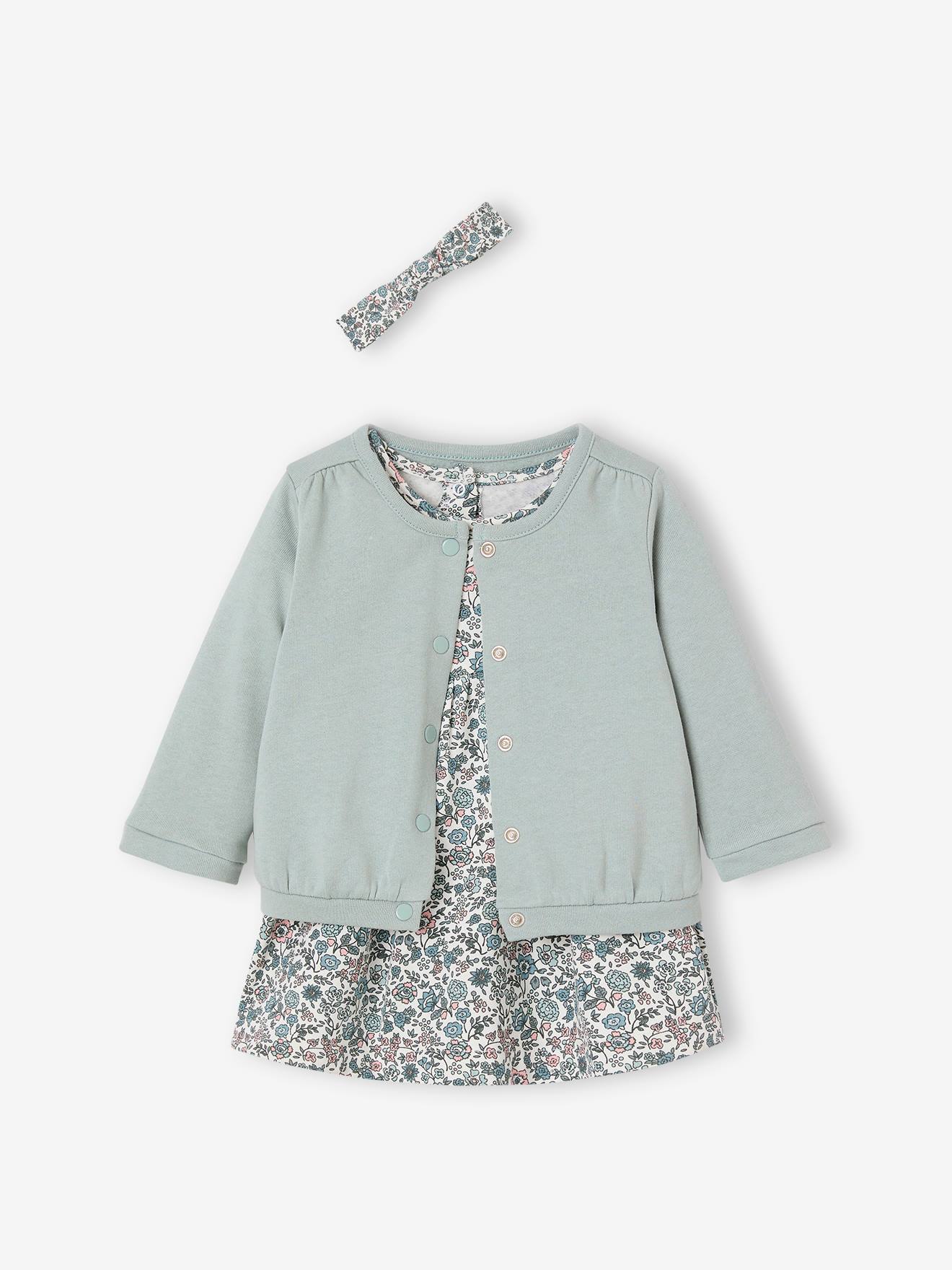 Ensemble bébé fille 3 pièces robe cardigan bandeau bleu grisé