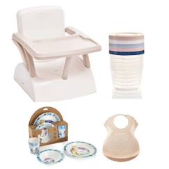 Puériculture-Pack Repas 2ème Âge - Thermobaby - Rehausseur chaise - 5 boîtes de conservation - Coffret vaisselle - Bavoir semi-rigide