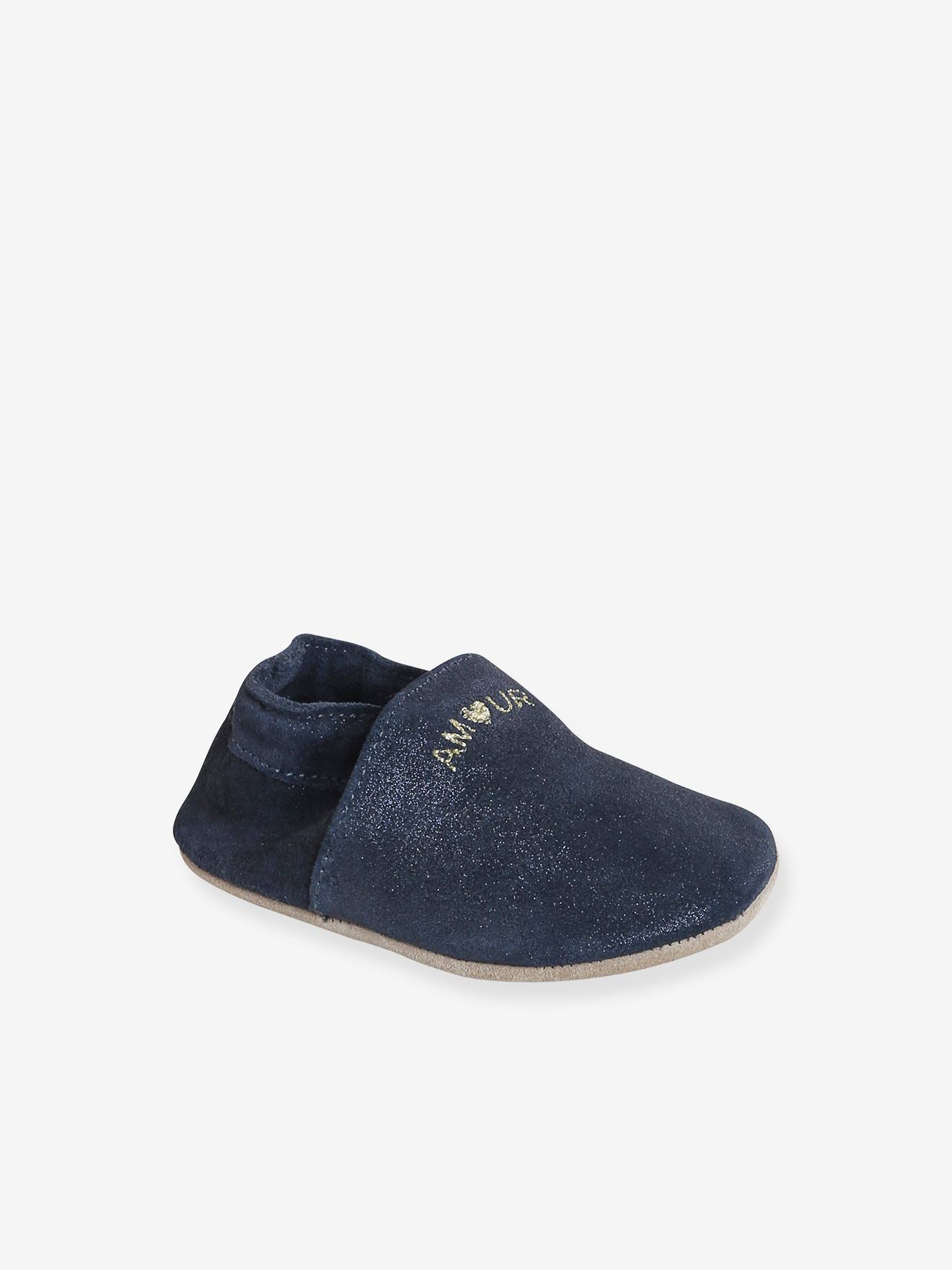Chaussons élastiqués en cuir souple bébé bleu nuit