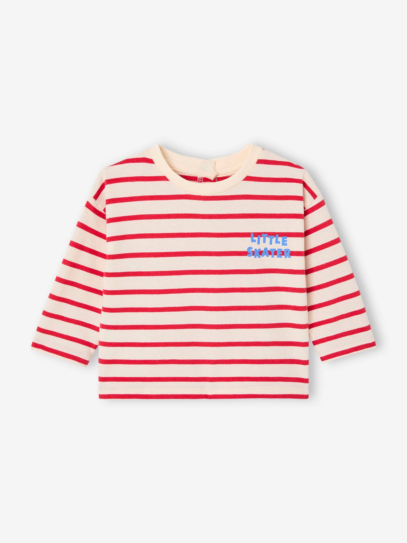 T-shirt rayé pressionné dos bébé en coton bio rouge