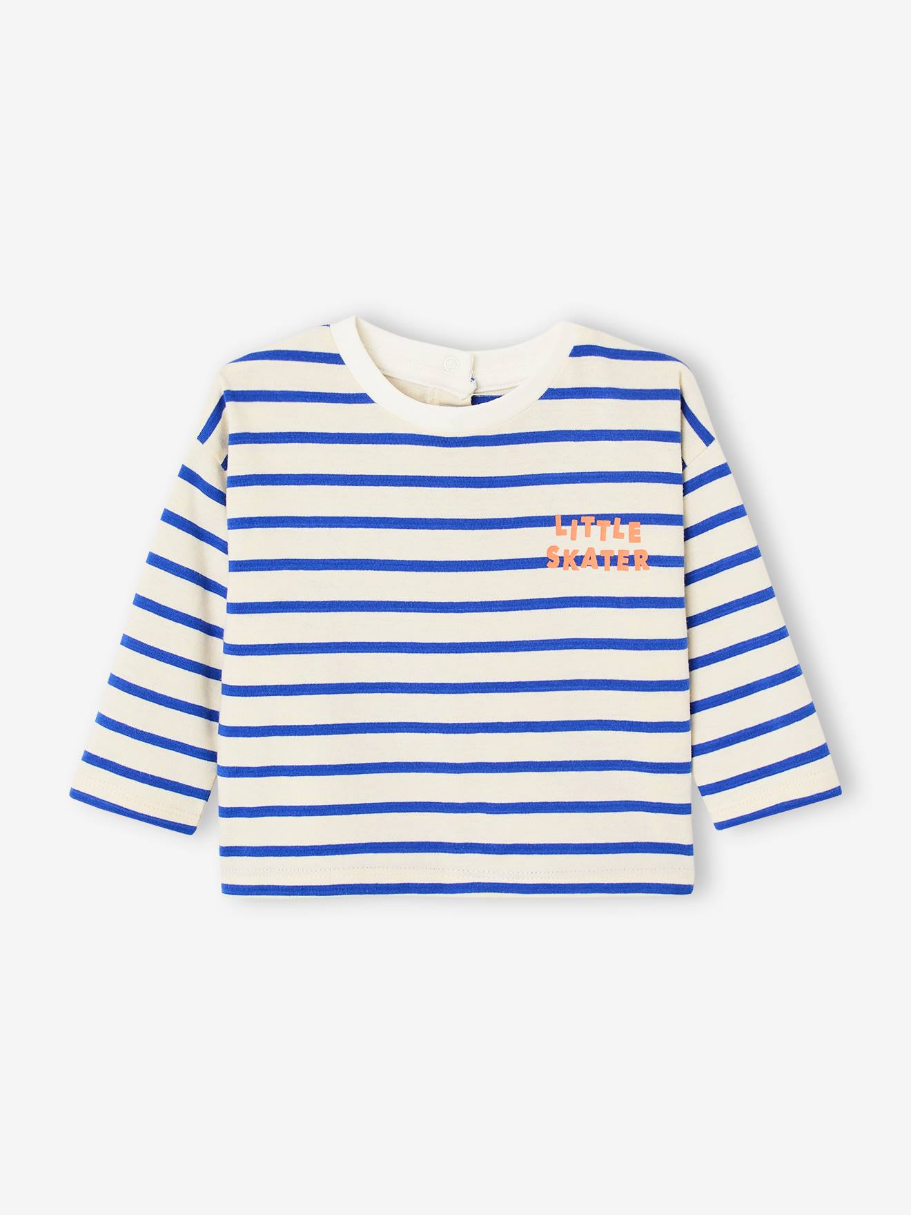 T-shirt rayé pressionné dos bébé en coton bio bleu électrique