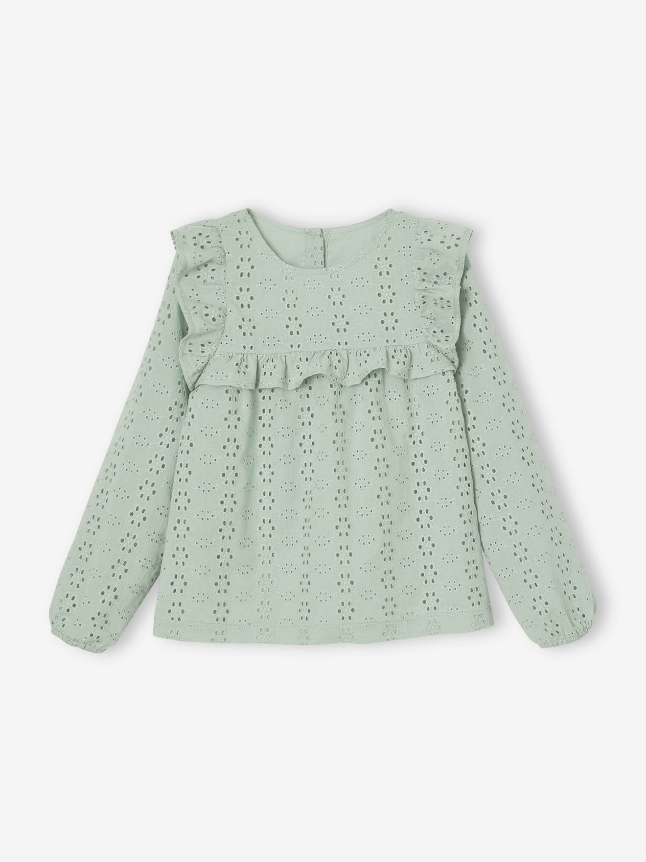 Blouse à volants en broderie anglaise fille vert sauge