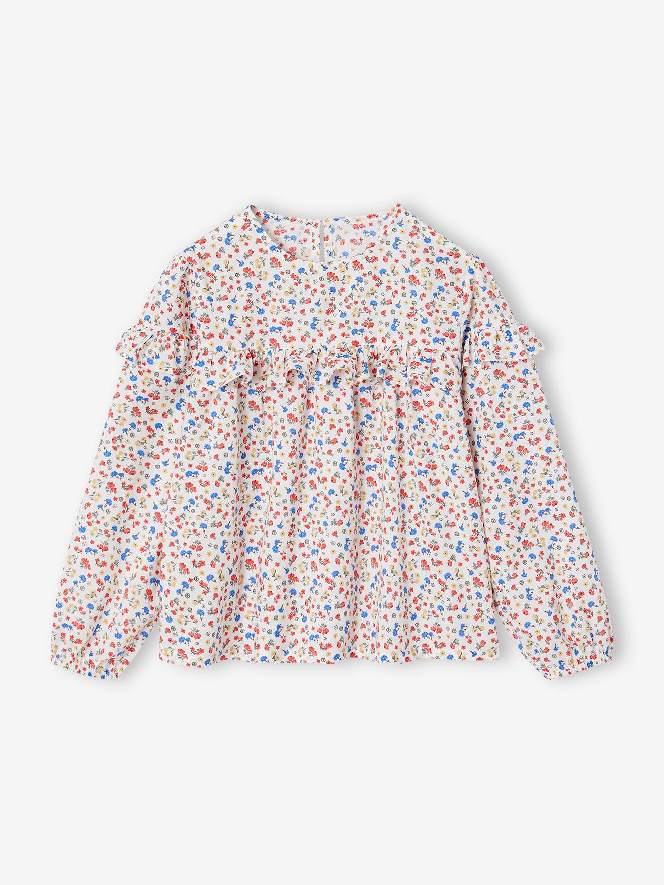 Blouse à volants imprimée fleurs fille écru